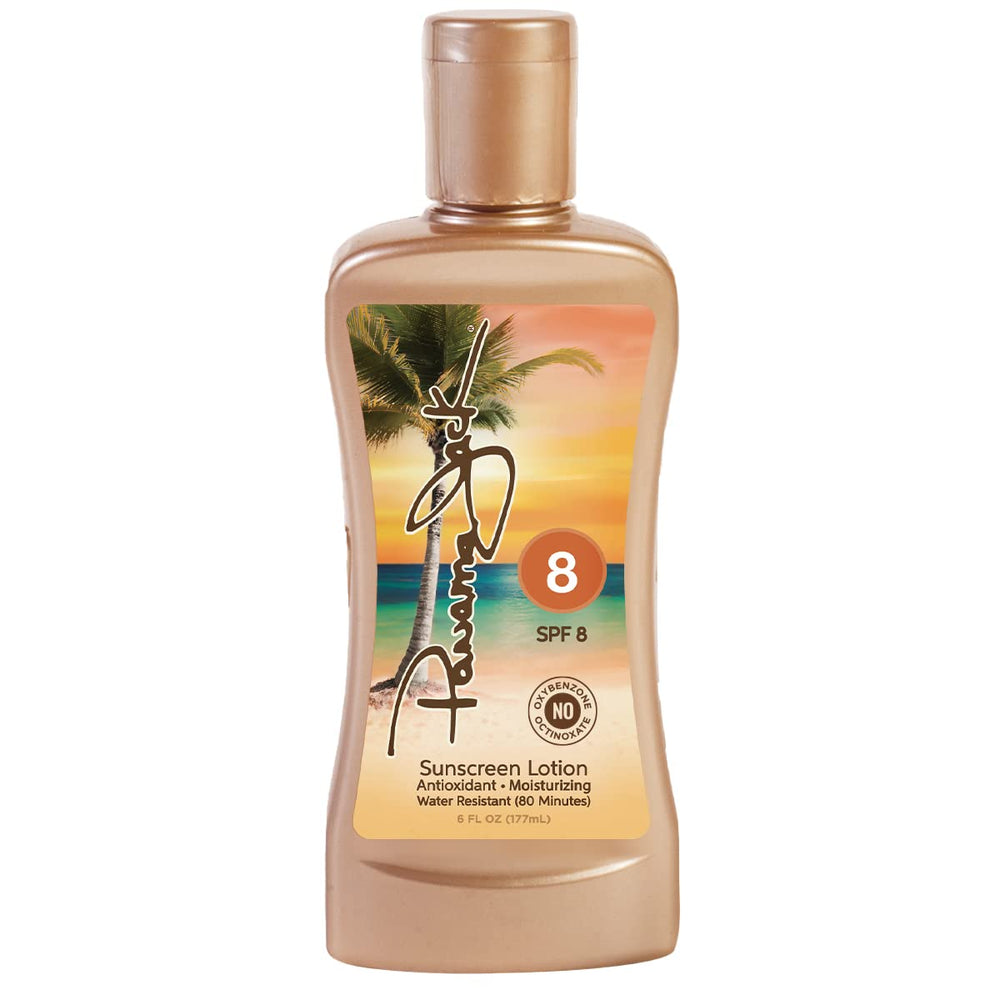 Panama Jack sunscreen tanning lotion SPF 8 bottle with easy-dispense cap for quick application