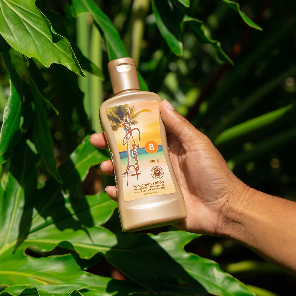 Panama Jack SPF 8 tanning lotion close-up on cruelty-free label