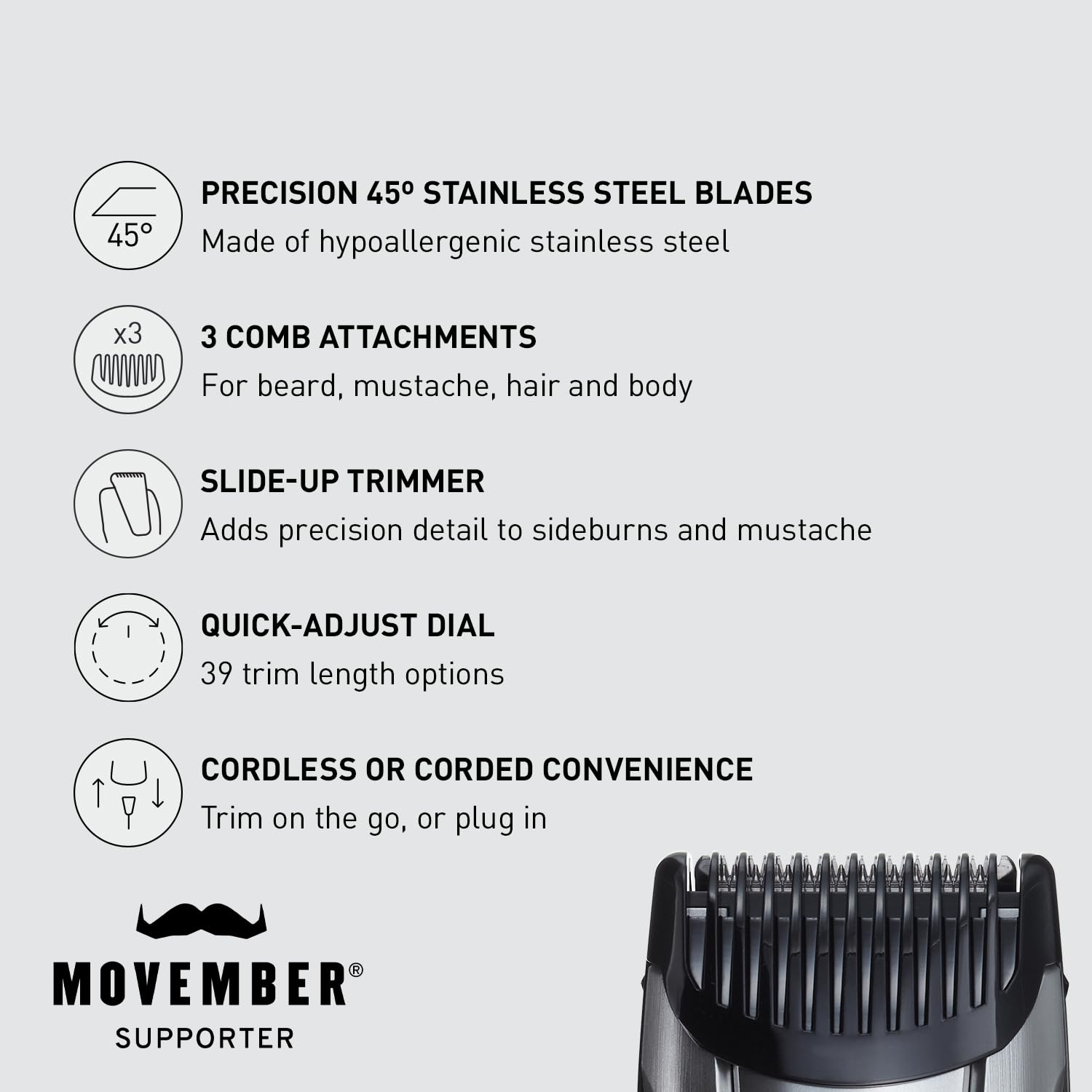 Panasonic ER-GB80-S attachments close-up showcasing versatile trimming options for beard and body