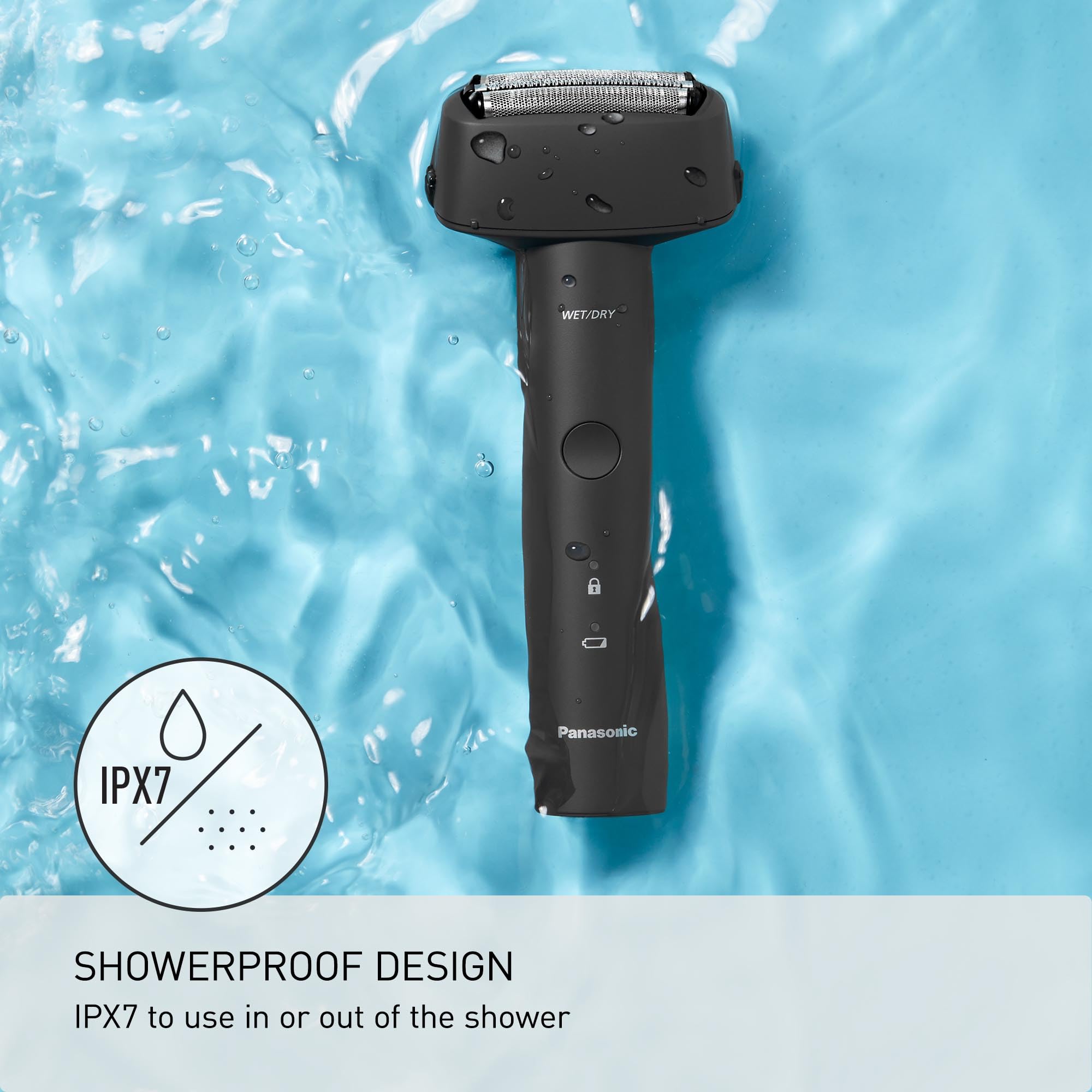 Panasonic ES-RM3B-K wet/dry use closeup shows shower-ready versatility.