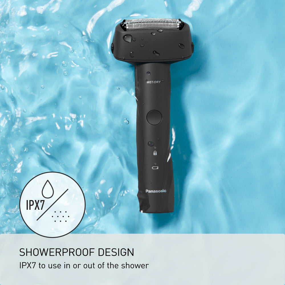 Panasonic ES-RM3B-K wet/dry use closeup shows shower-ready versatility.