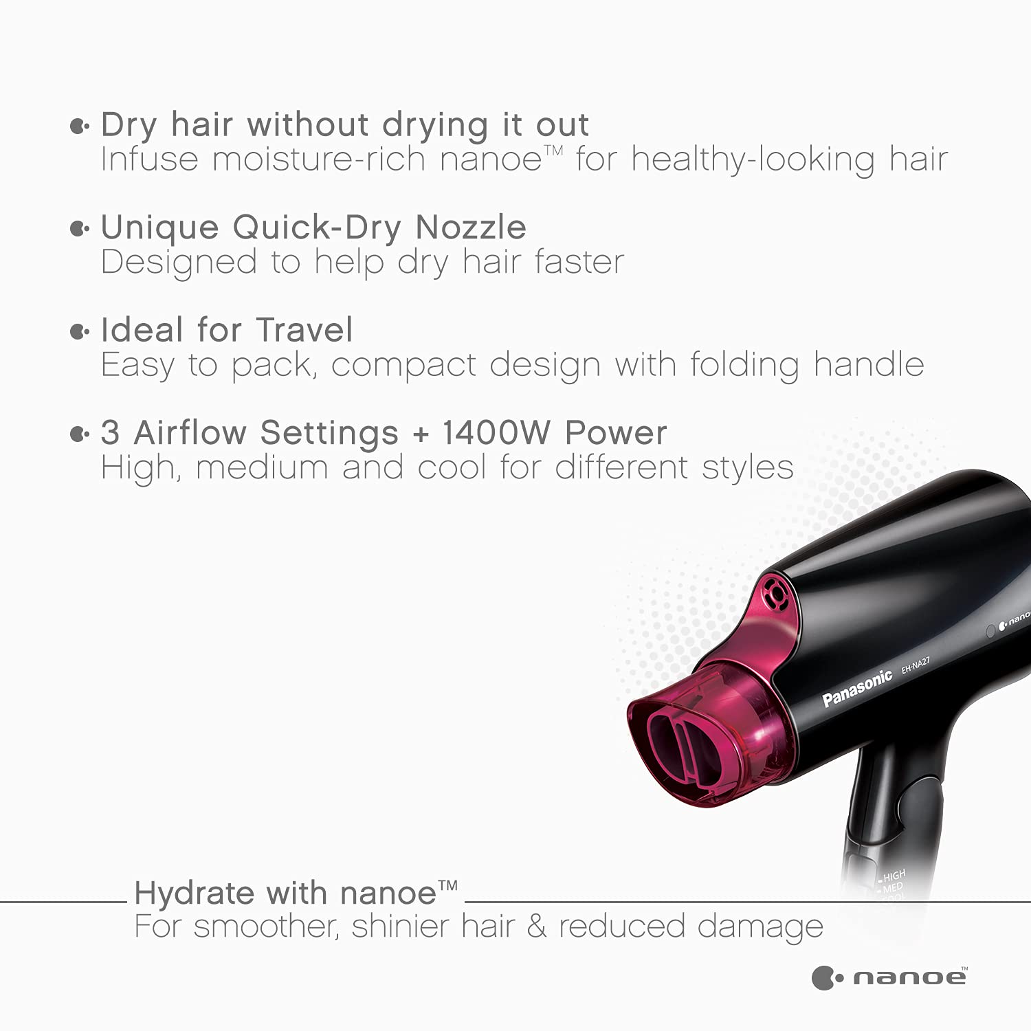 Panasonic nanoe compact hair dryer quickdry nozzle demonstrates faster drying with balanced airflow.