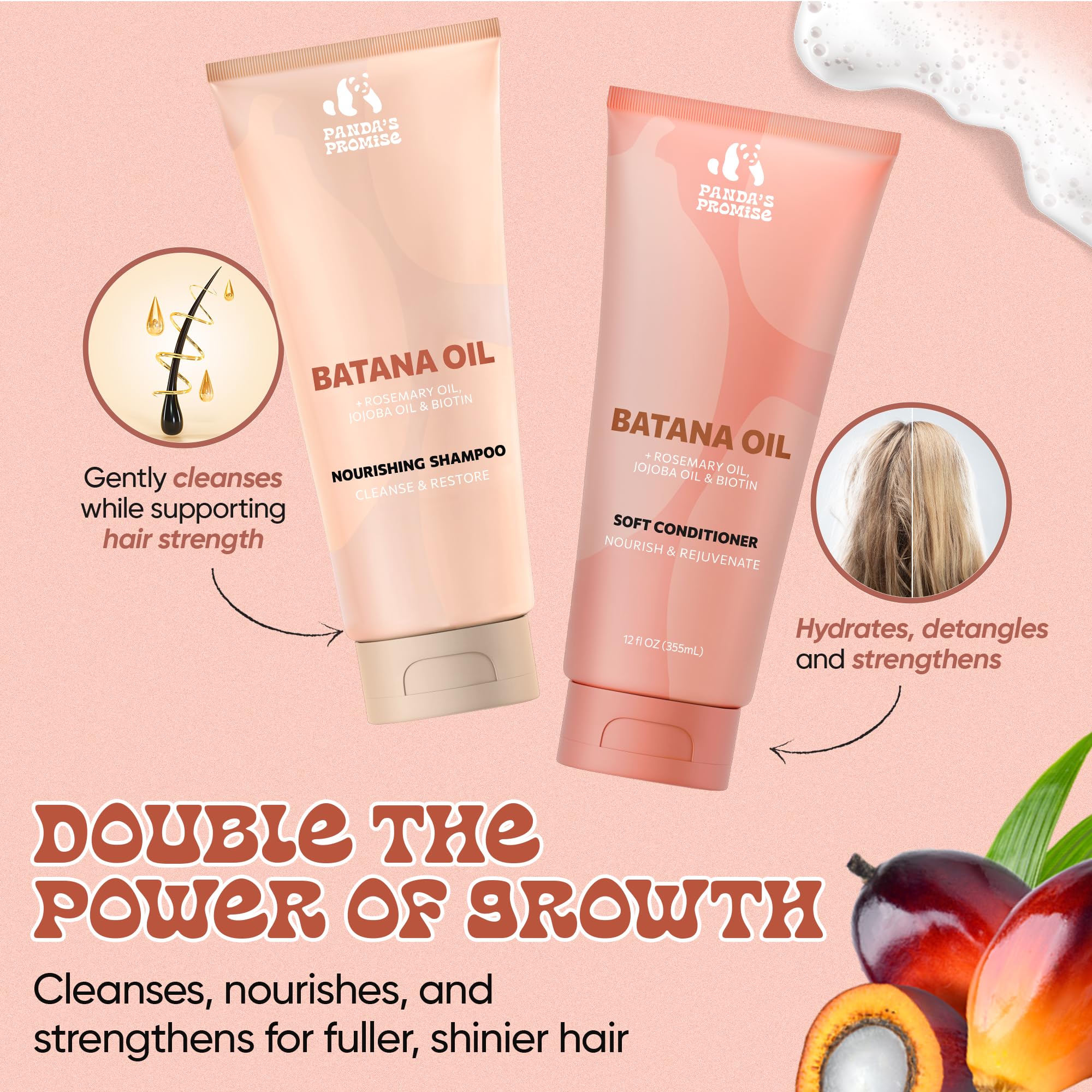 Panda's Promise Batana Oil Shampoo bottle pour captures refreshing cleansing moment