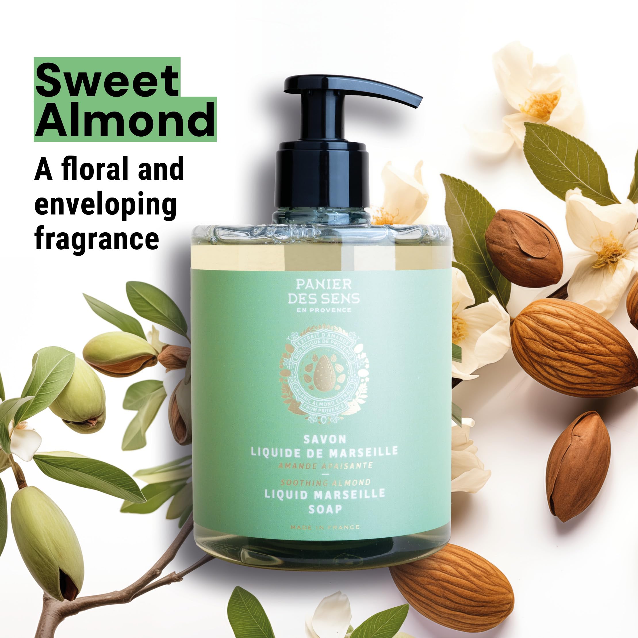 Panier des Sens Almond Hand Wash foam closeup highlights creamy cleansing foam.