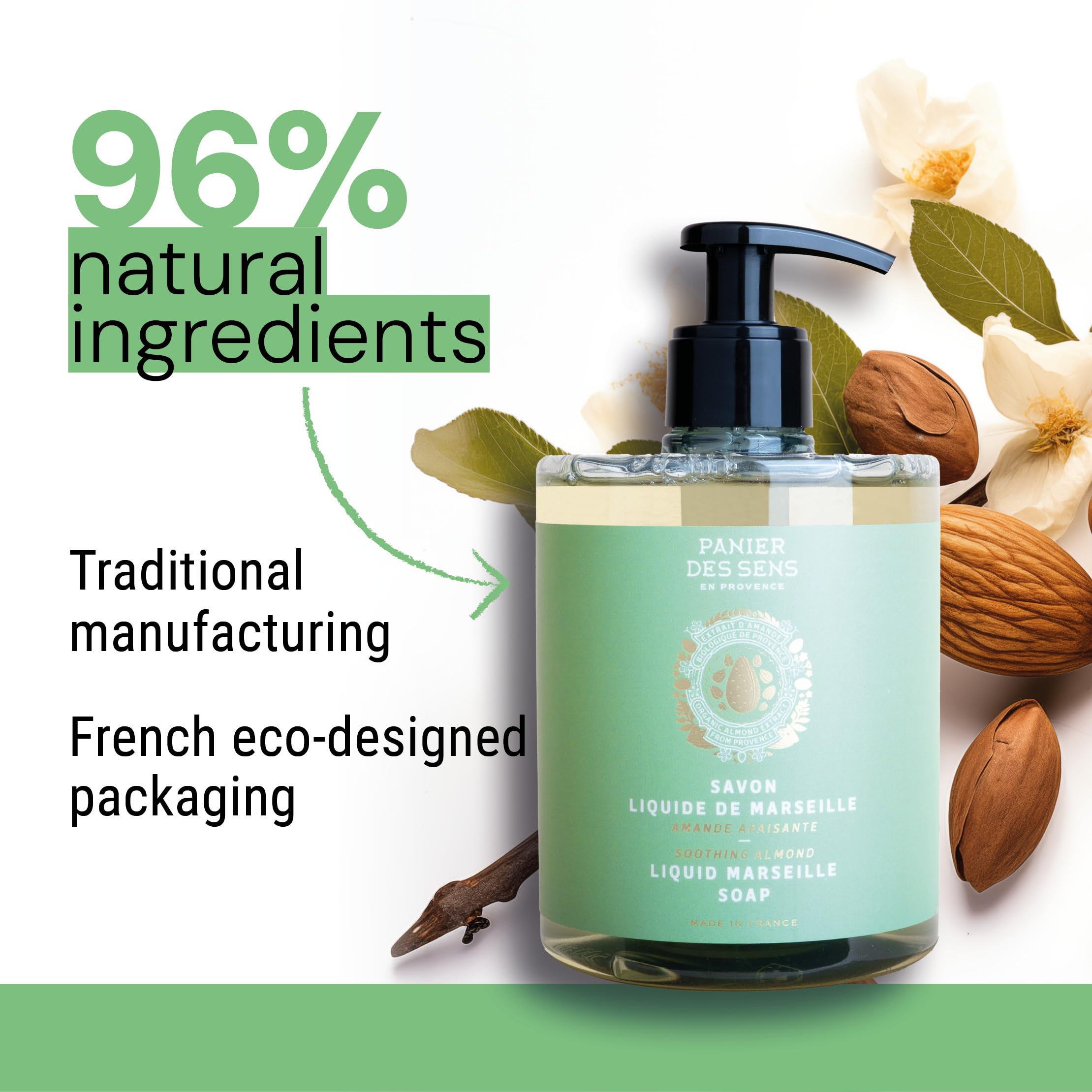 Panier des Sens Almond Hand Wash fragrant almond scent suggests soft, refined aroma.