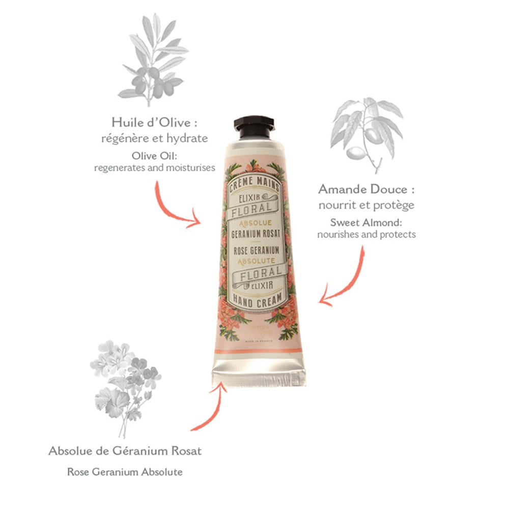 Panier des Sens geranium hand cream application—uplifting scent and soft hands.