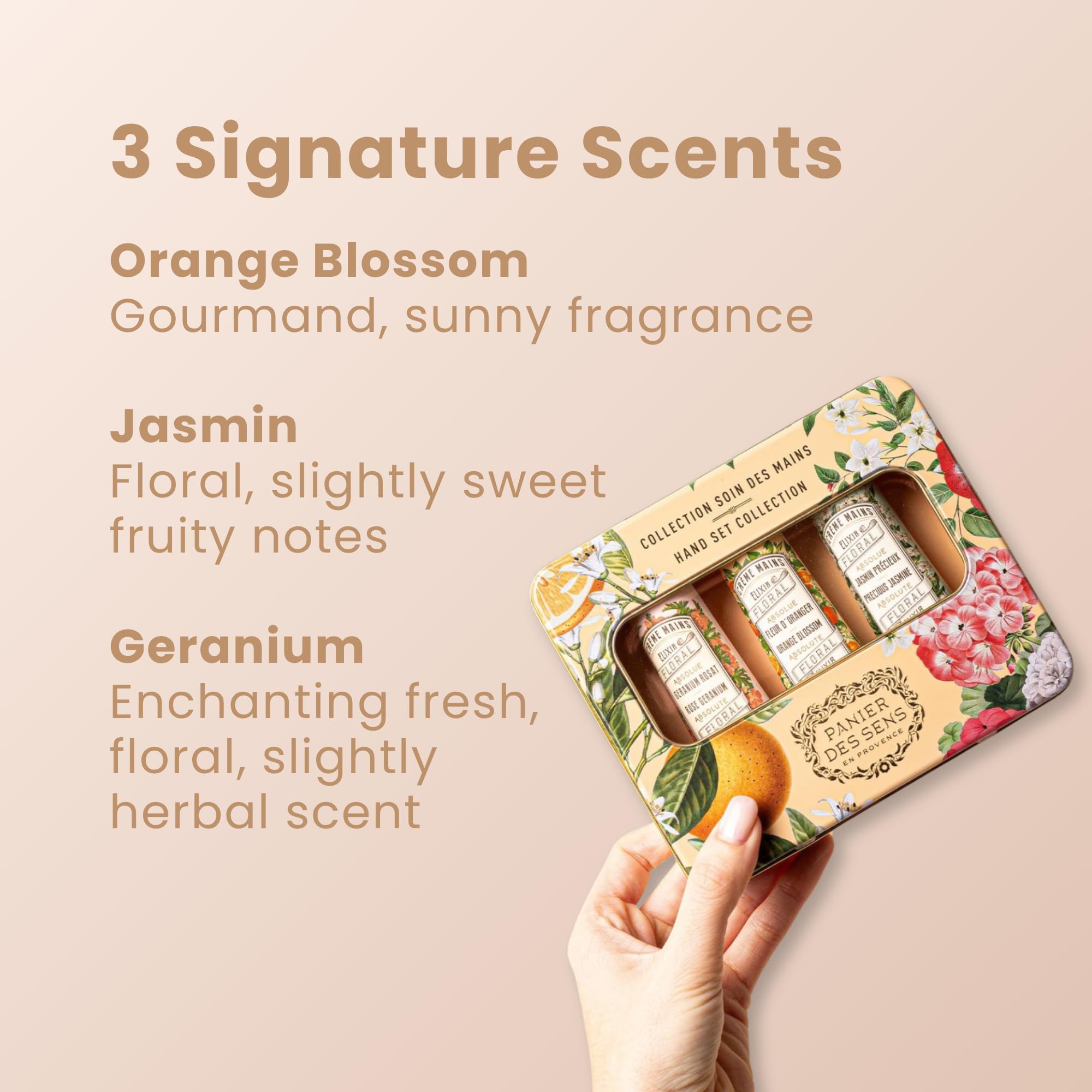 Panier des Sens hand cream with olive oil and almond oil—nourishing skin care.