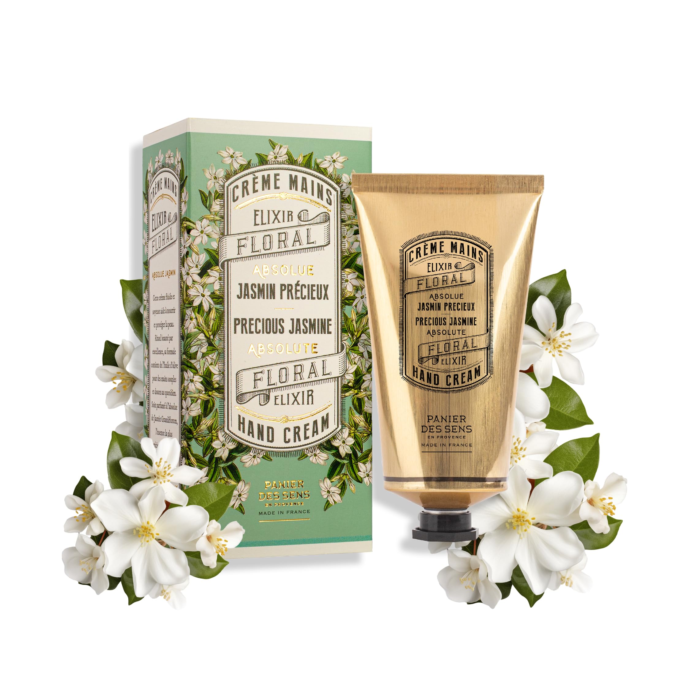 Panier des Sens Jasmin Hand Cream tube closeup shows silky texture for dry hands.