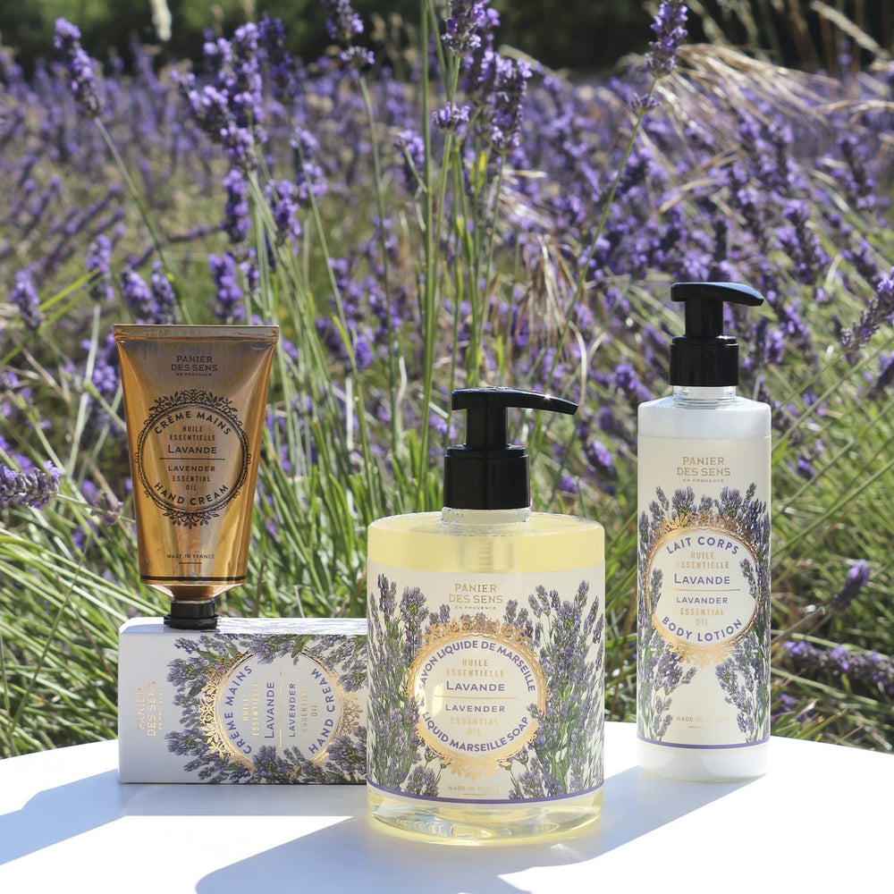 Panier des Sens lavender hand cream ingredients closeup highlights shea butter and olive oil nourishment.