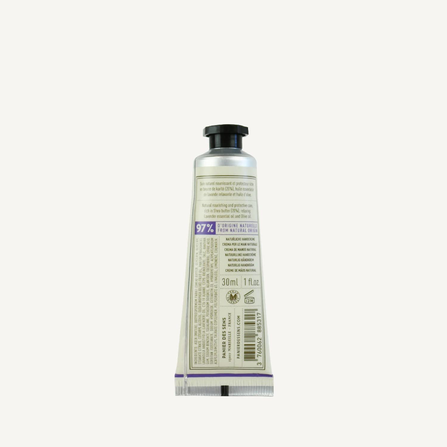 Panier des Sens lavender hand cream packaging sustainable closeup emphasizes eco-conscious design.