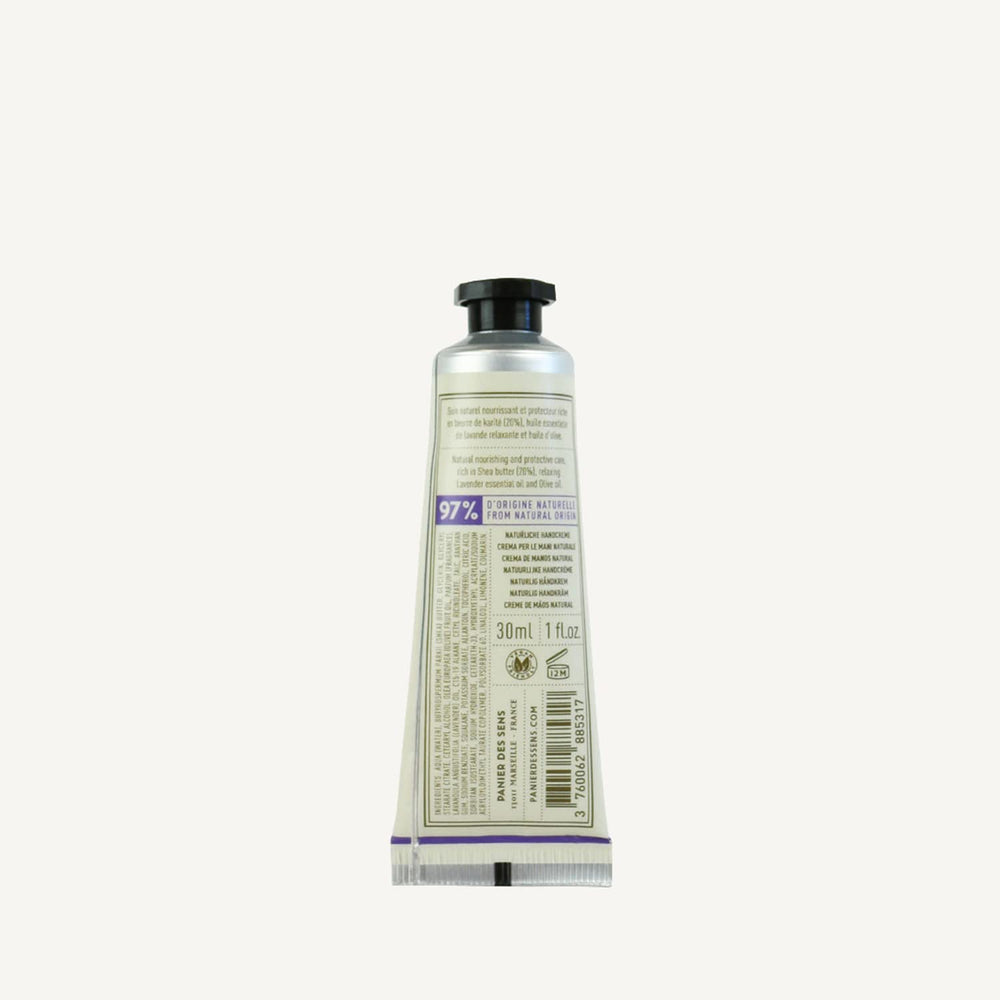 Panier des Sens lavender hand cream packaging sustainable closeup emphasizes eco-conscious design.