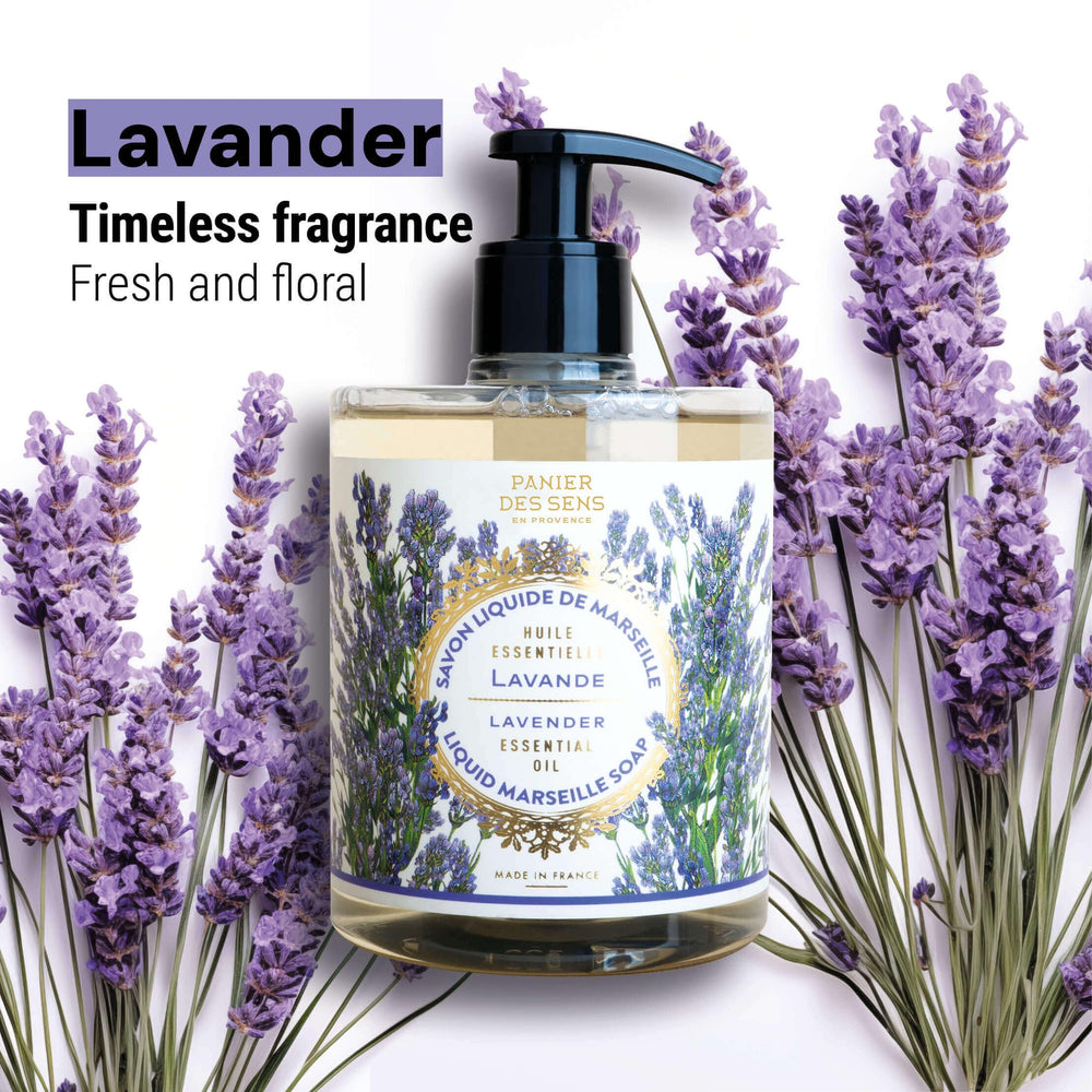 Panier des Sens lavender hand soap bottle full highlighting Provence-inspired scent.