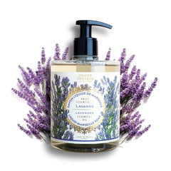 Panier des Sens lavender hand soap pump closeup showing calming aroma.