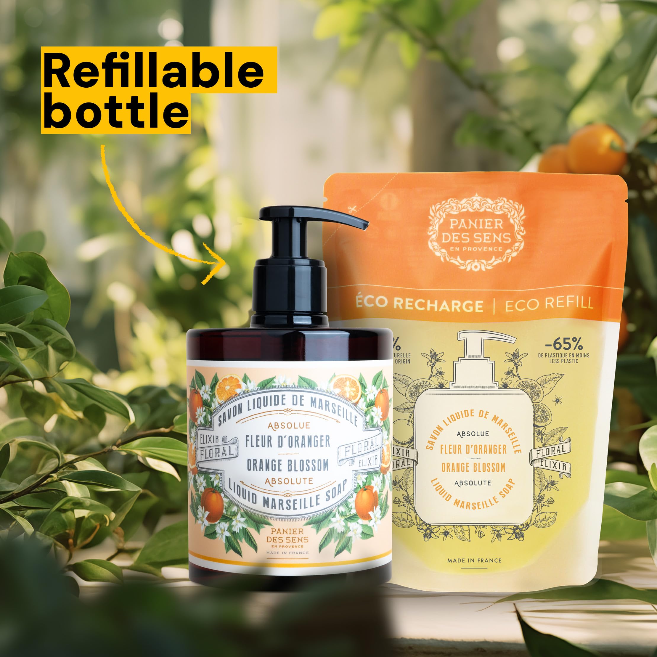 Panier des Sens luxury liquid soap shows elegant recyclable packaging and natural origin