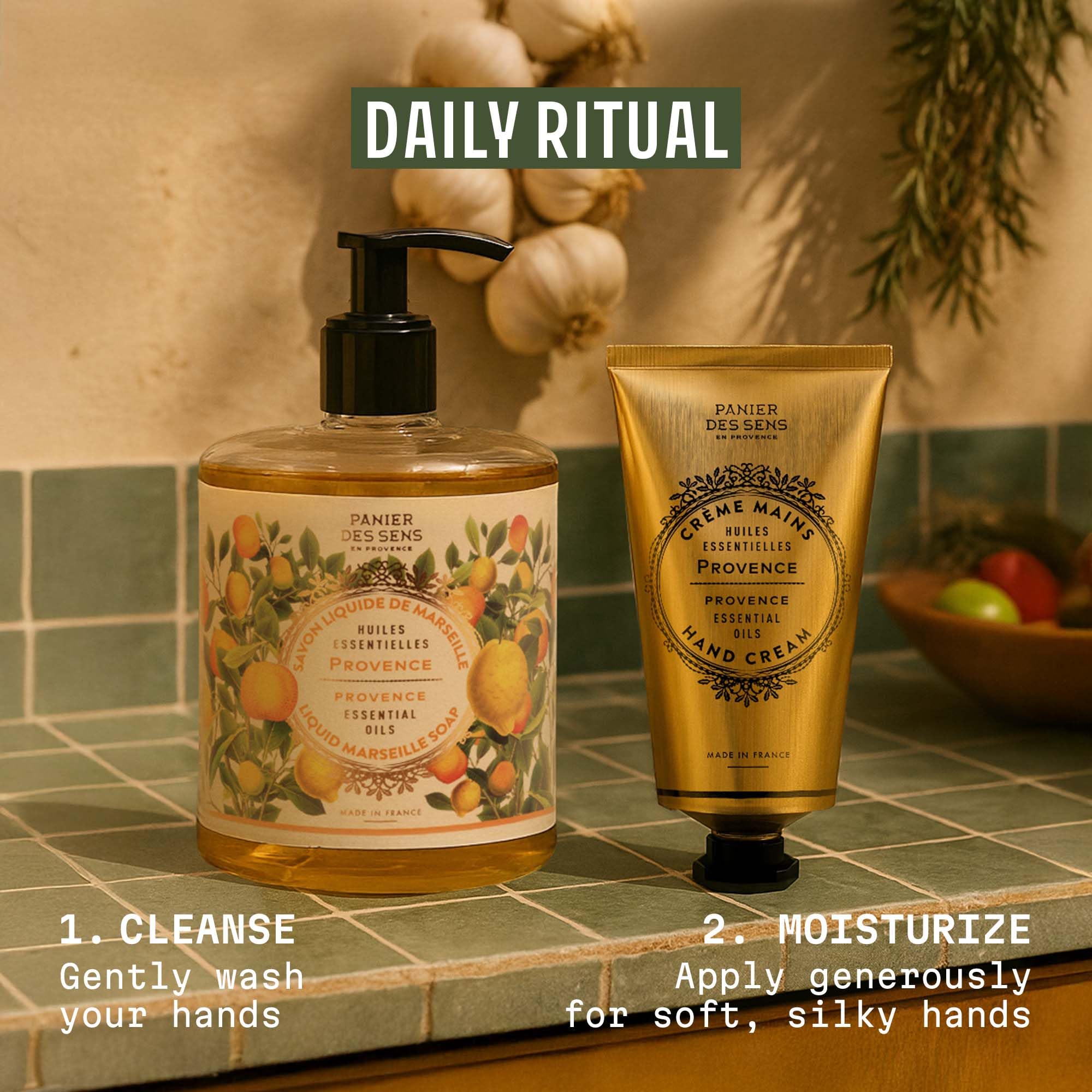 Panier des Sens Provence hand cream being applied to hands for soothing care
