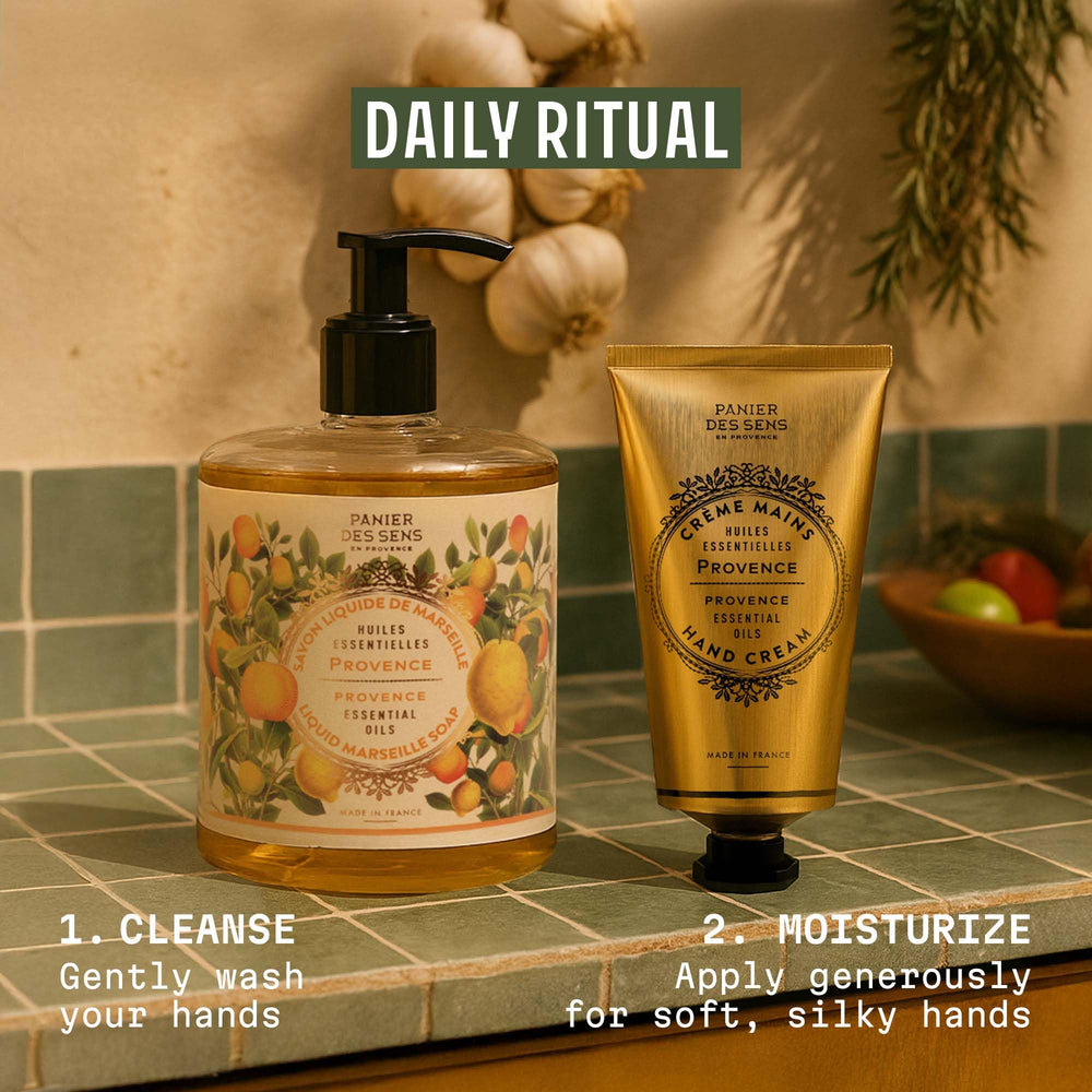 Panier des Sens Provence hand cream being applied to hands for soothing care