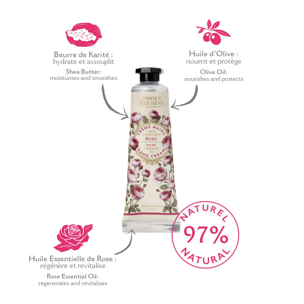 Panier des Sens rose hand cream mini – delicate floral fragrance for daily hand care.