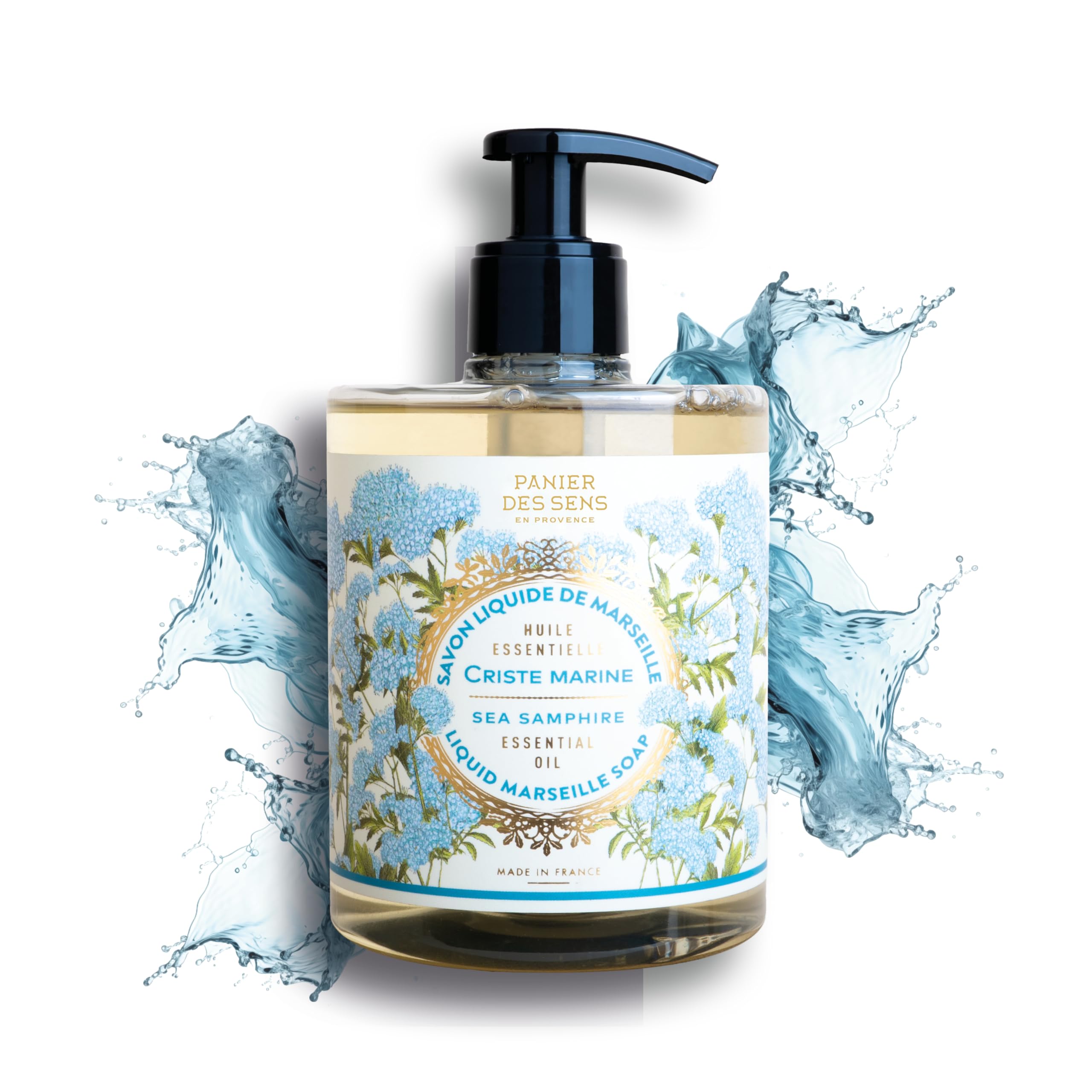 Panier des Sens Sea Samphire hand soap pump shows moisturizing lather for soft hands