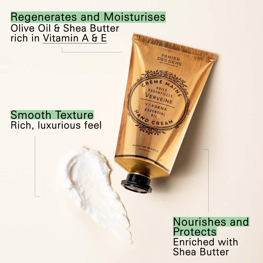 Panier des Sens Verbena Hand Cream texture with shea butter highlights nourishing daily care