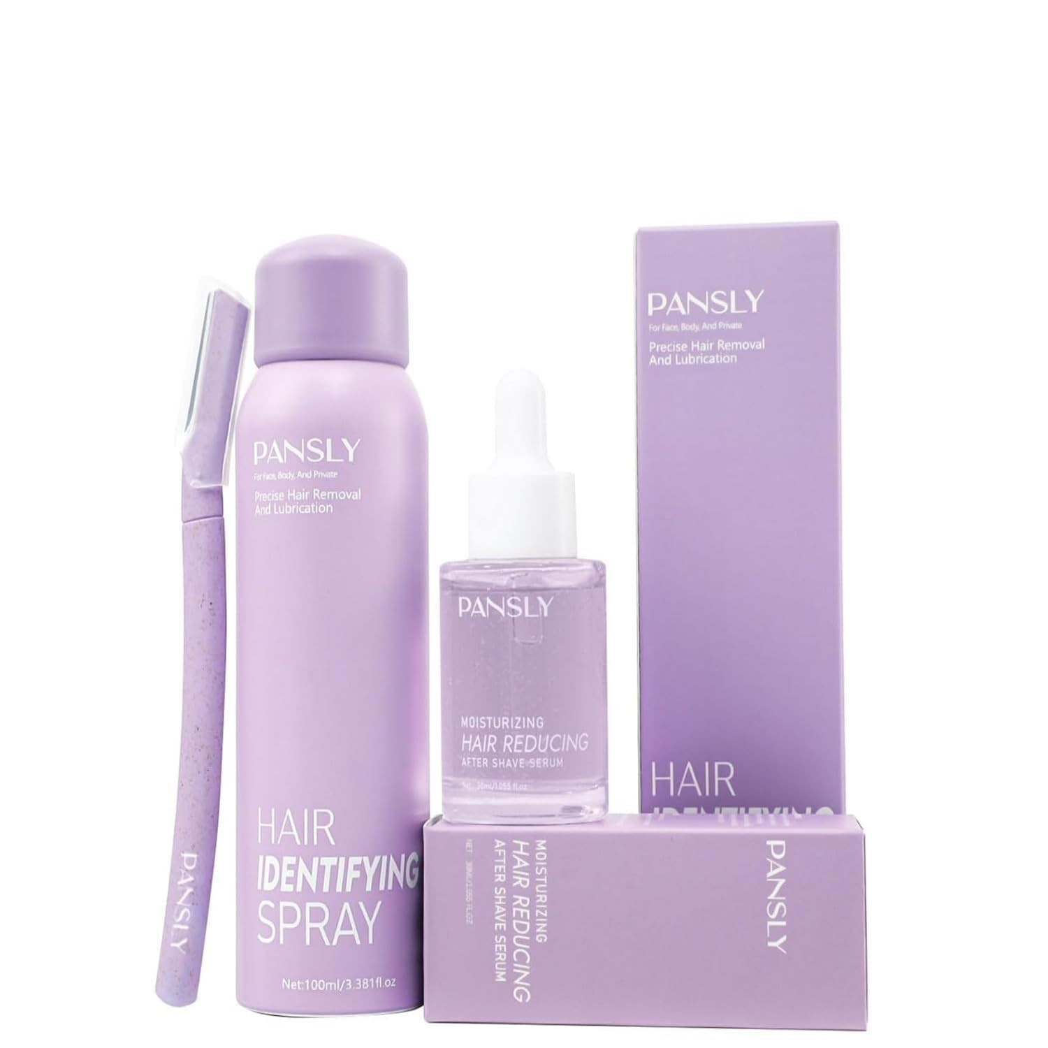 PANSLY hair-identifying spray bottle close-up shows smooth mist for easy shaving prep