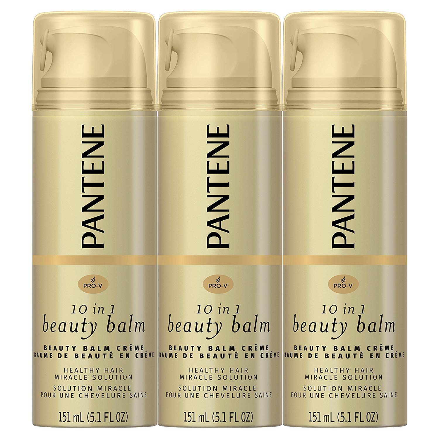 Pantene Beauty Balm bottle pouring, leave-in treatment for smoother, frizz-control hair.
