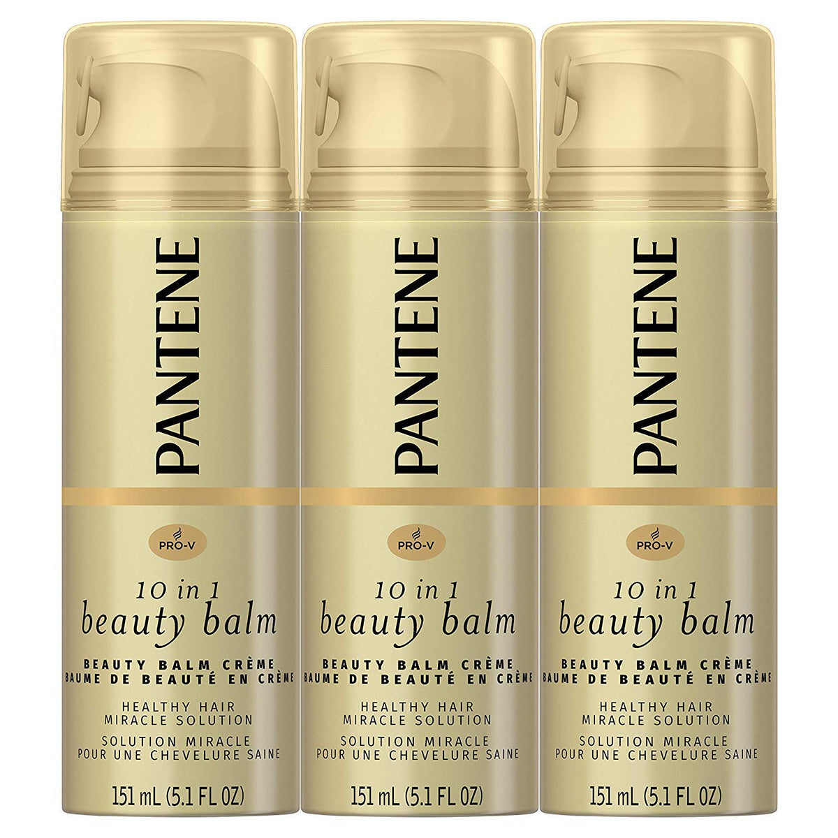 Pantene Beauty Balm bottle pouring, leave-in treatment for smoother, frizz-control hair.