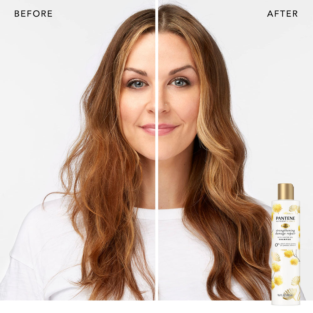 Pantene castor oil bottle close-up emphasizing strengthening formula for resilient hair.