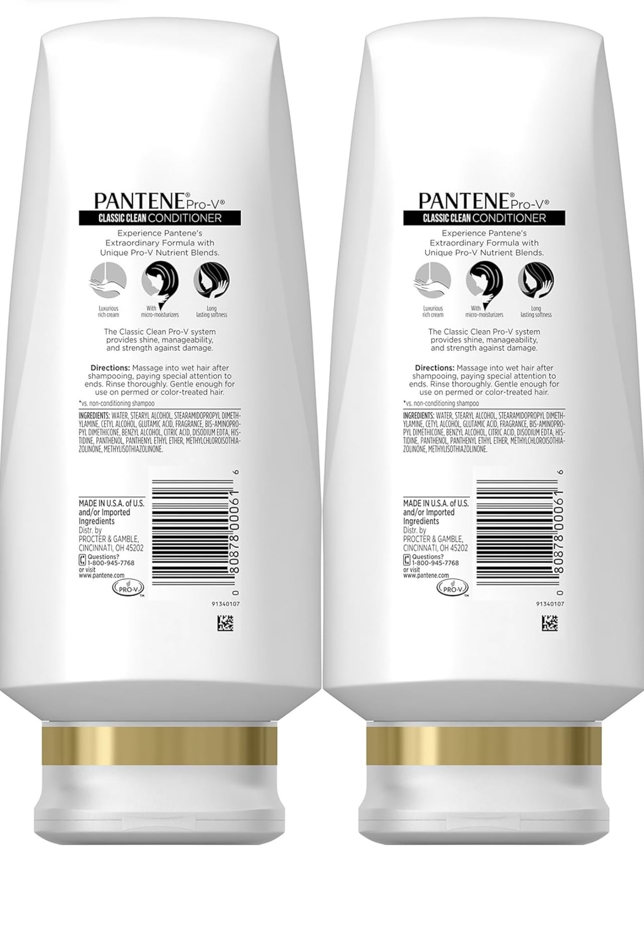 Pantene Classic Clean Conditioner bottle close-up shows nourishing formula for healthy shine.