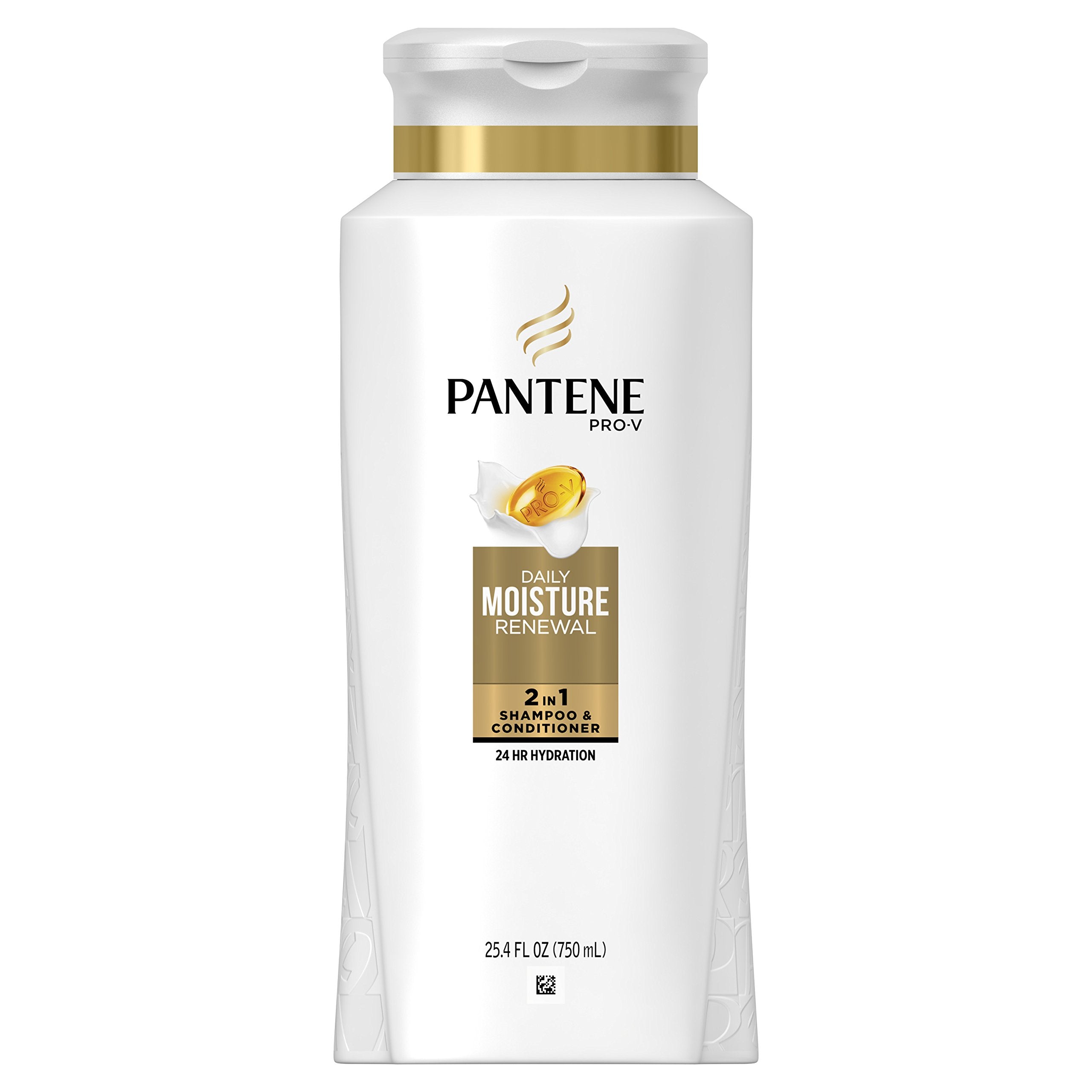 Pantene Pro-V Daily Moisture Renewal 2-in-1 bottle closeup highlights convenient cleansing and conditioning benefits.