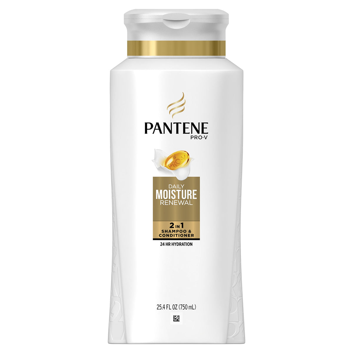 Pantene Pro-V Daily Moisture Renewal 2-in-1 bottle closeup highlights convenient cleansing and conditioning benefits.