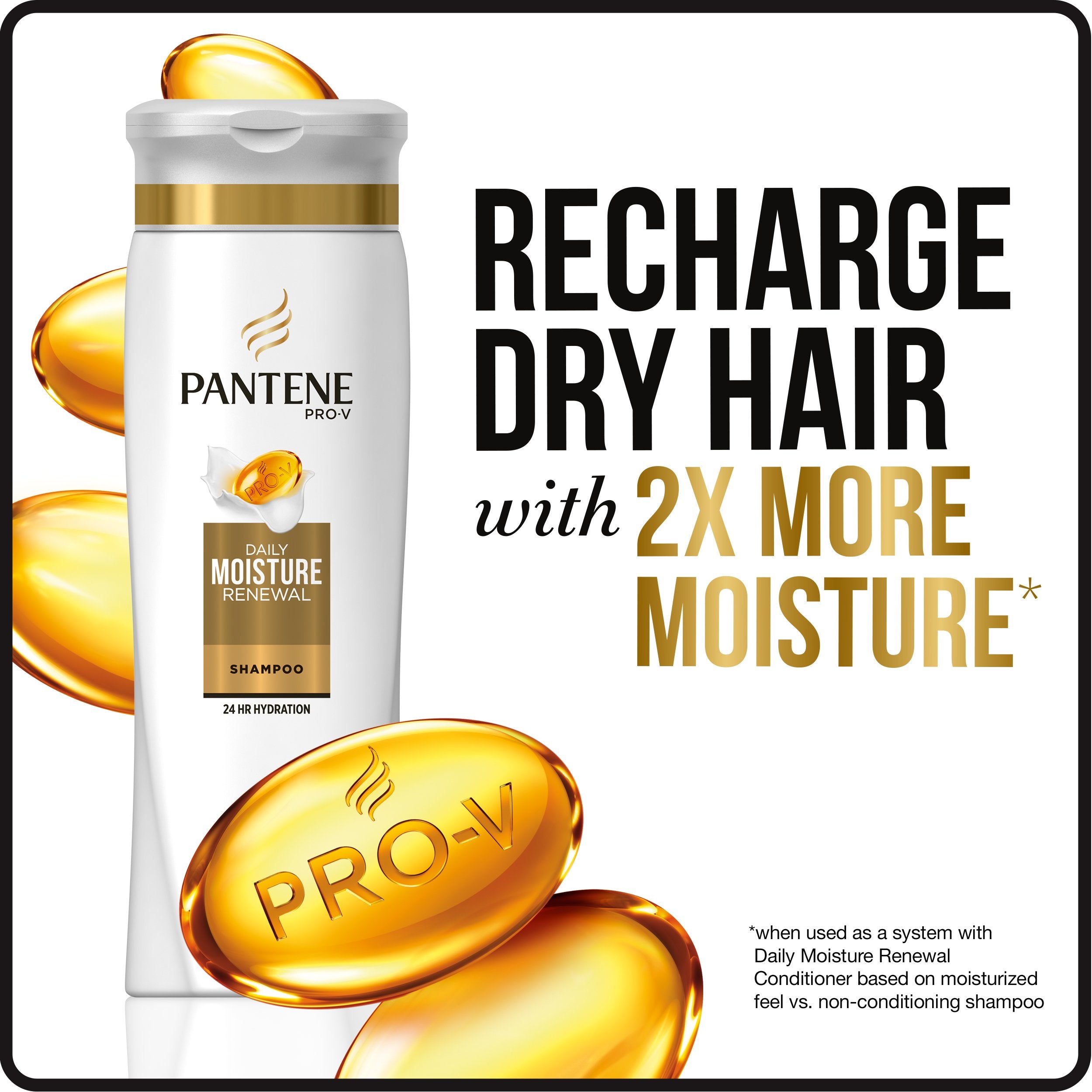 Pantene Daily Moisture Renewal conditioner label close-up highlights hair-softening benefits.