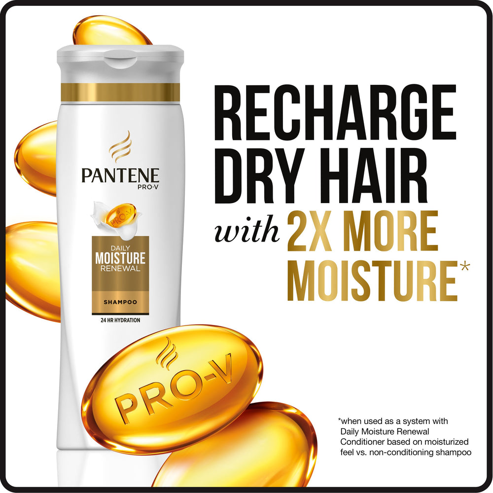 Pantene Daily Moisture Renewal conditioner label close-up highlights hair-softening benefits.