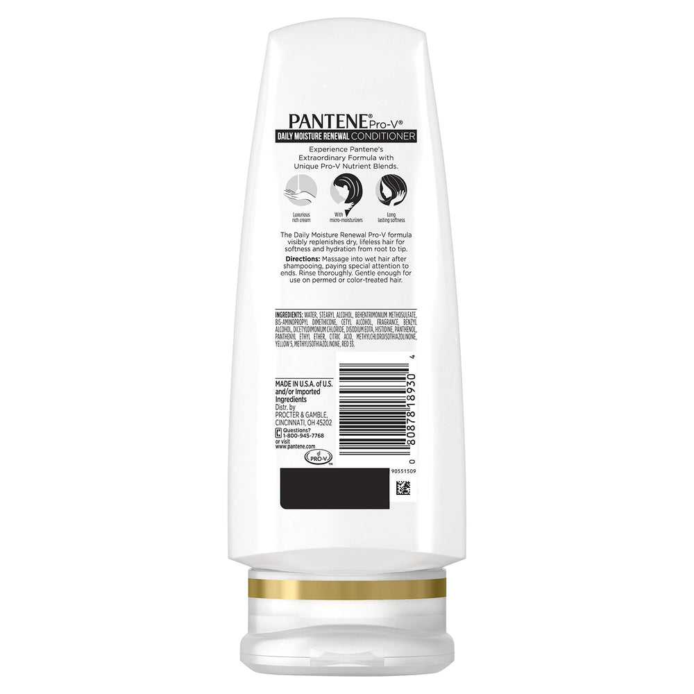 Pantene Daily Moisture Renewal conditioner pour demonstrates conditioning power for silkier hair.