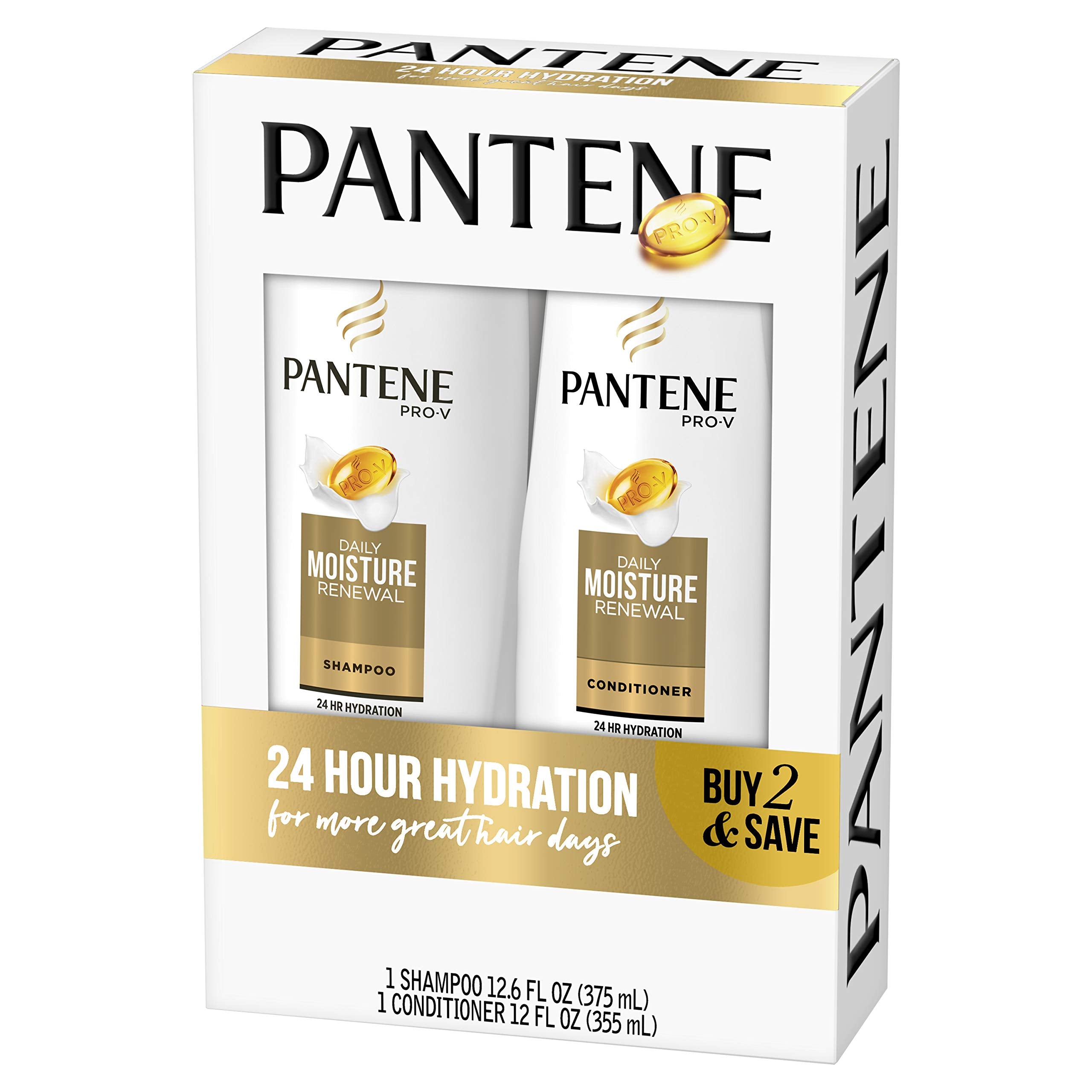 Pantene Daily Moisture Renewal shampoo bottle close-up highlights nourishing cleanse for daily hydration.