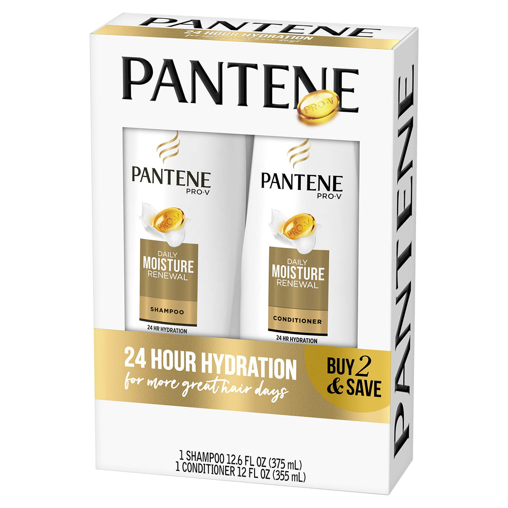 Pantene Daily Moisture Renewal shampoo bottle close-up highlights nourishing cleanse for daily hydration.