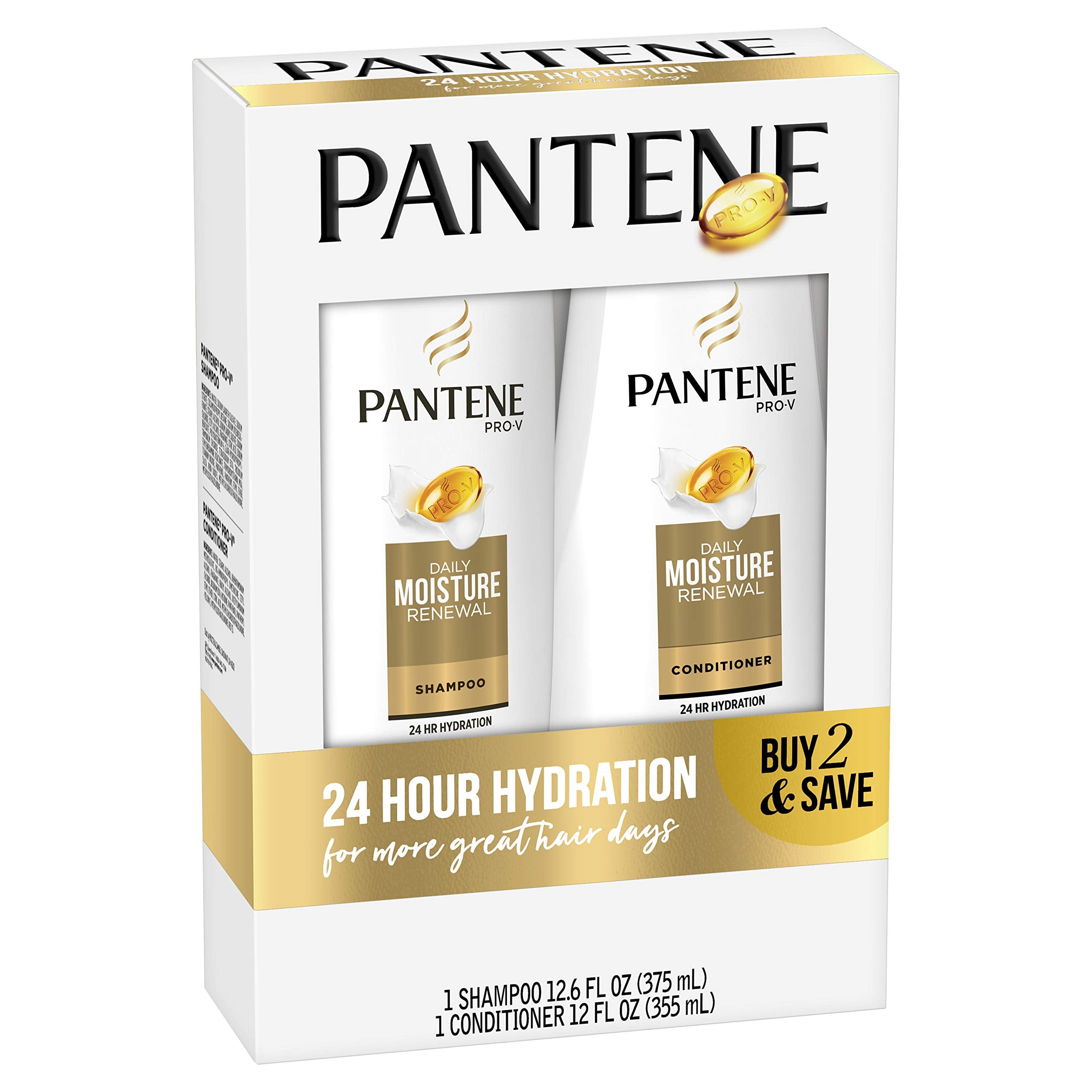 Pantene Daily Moisture Renewal shampoo label close-up emphasizes antioxidants supporting strength.