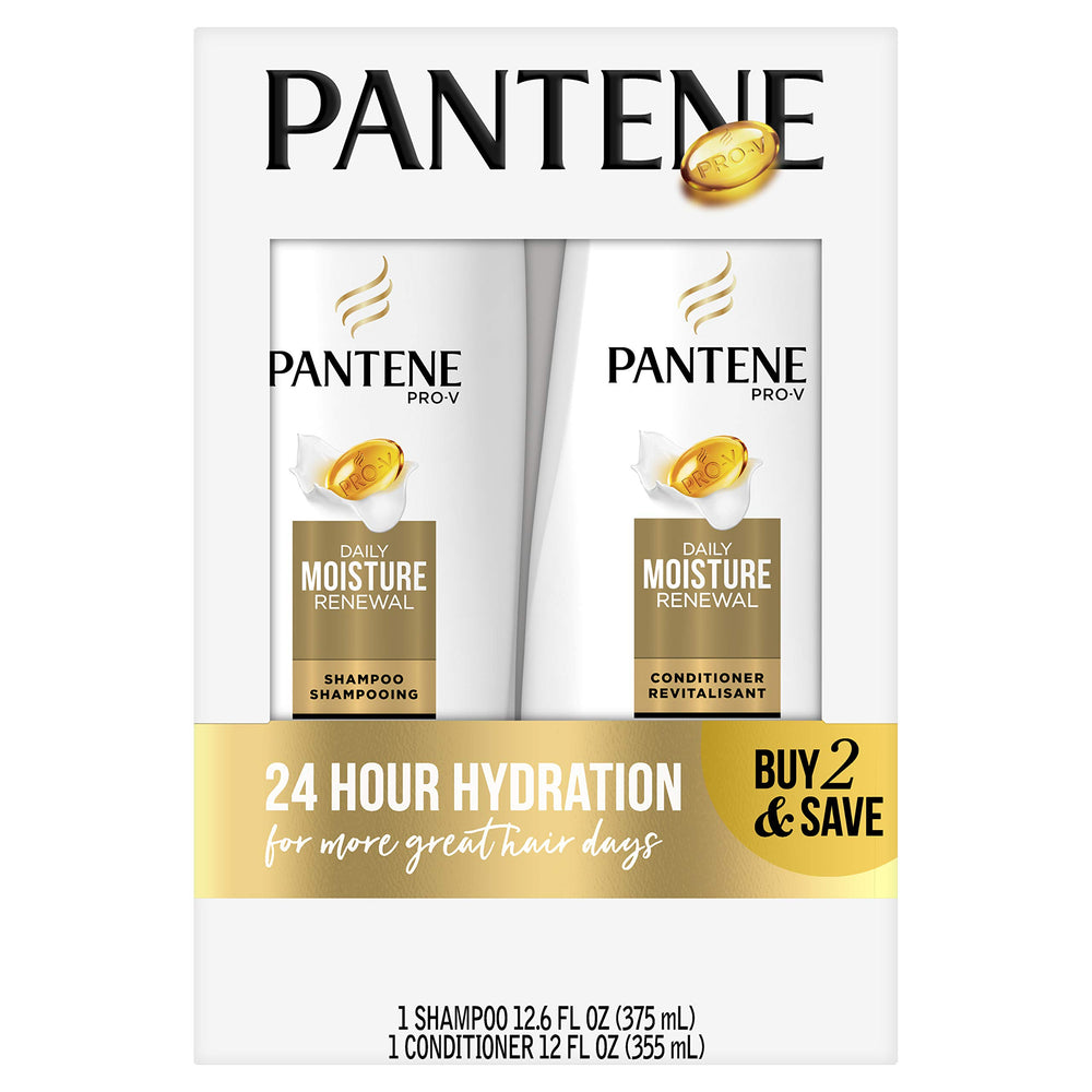 Pantene Daily Moisture Renewal shampoo pour shows hydrating formula for soft, manageable hair.