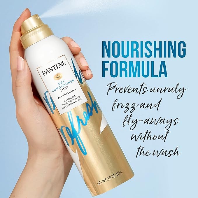 Pantene Dry Conditioner Mist frizz-control benefit visible as reduced flyaways.