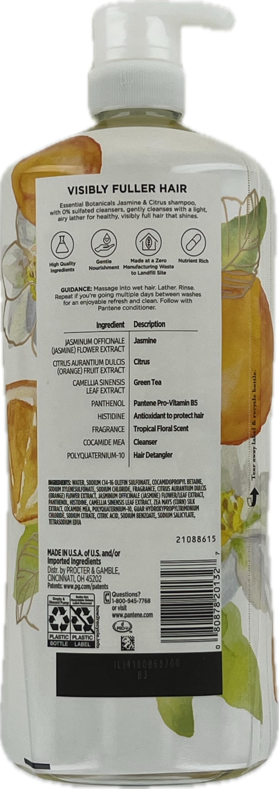 Pantene Essential Botanicals Jasmine & Citrus shampoo lather close-up highlighting fresh scent and clean texture