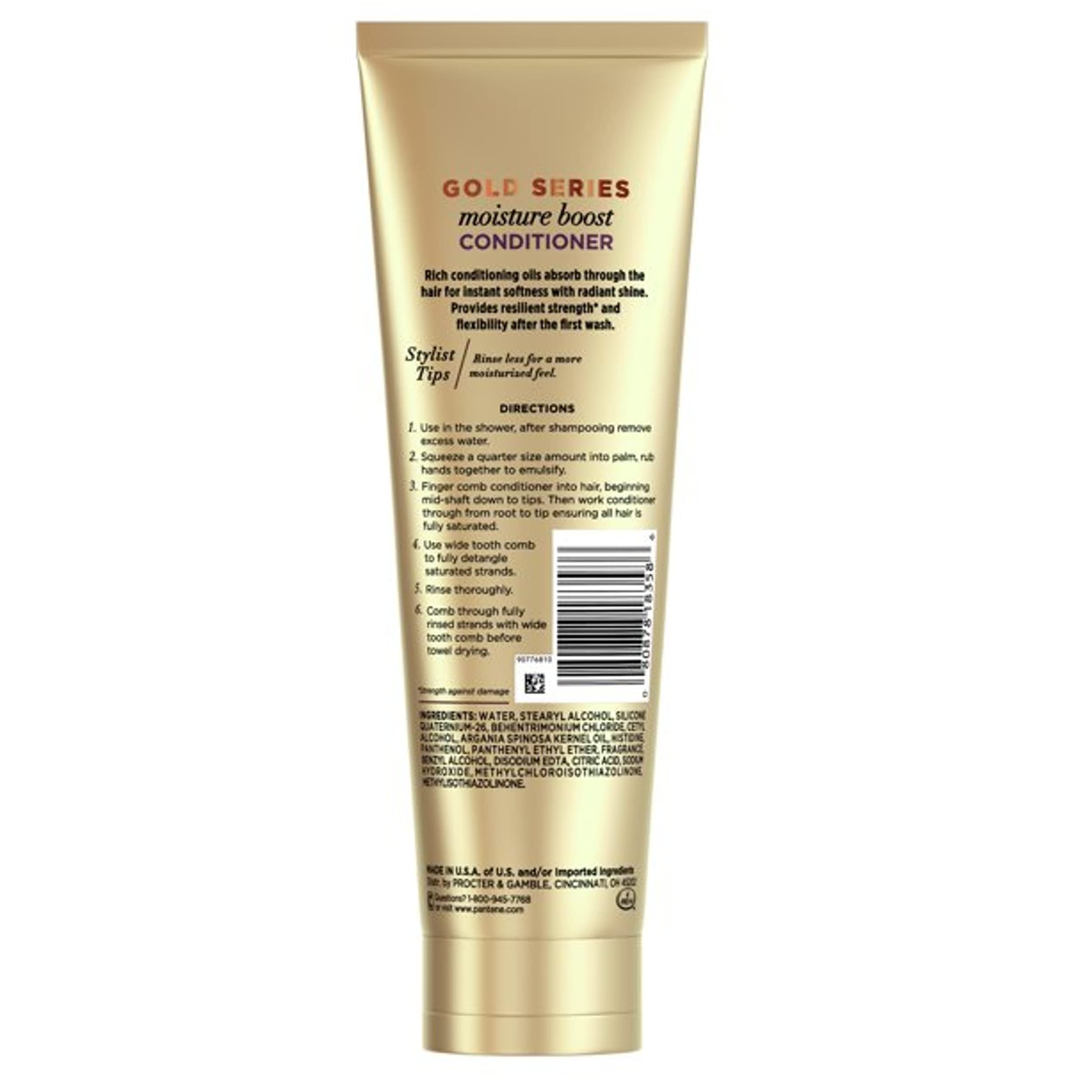 Pantene Gold Series Moist Boost Conditioner pump application on wet hair for smooth detangling