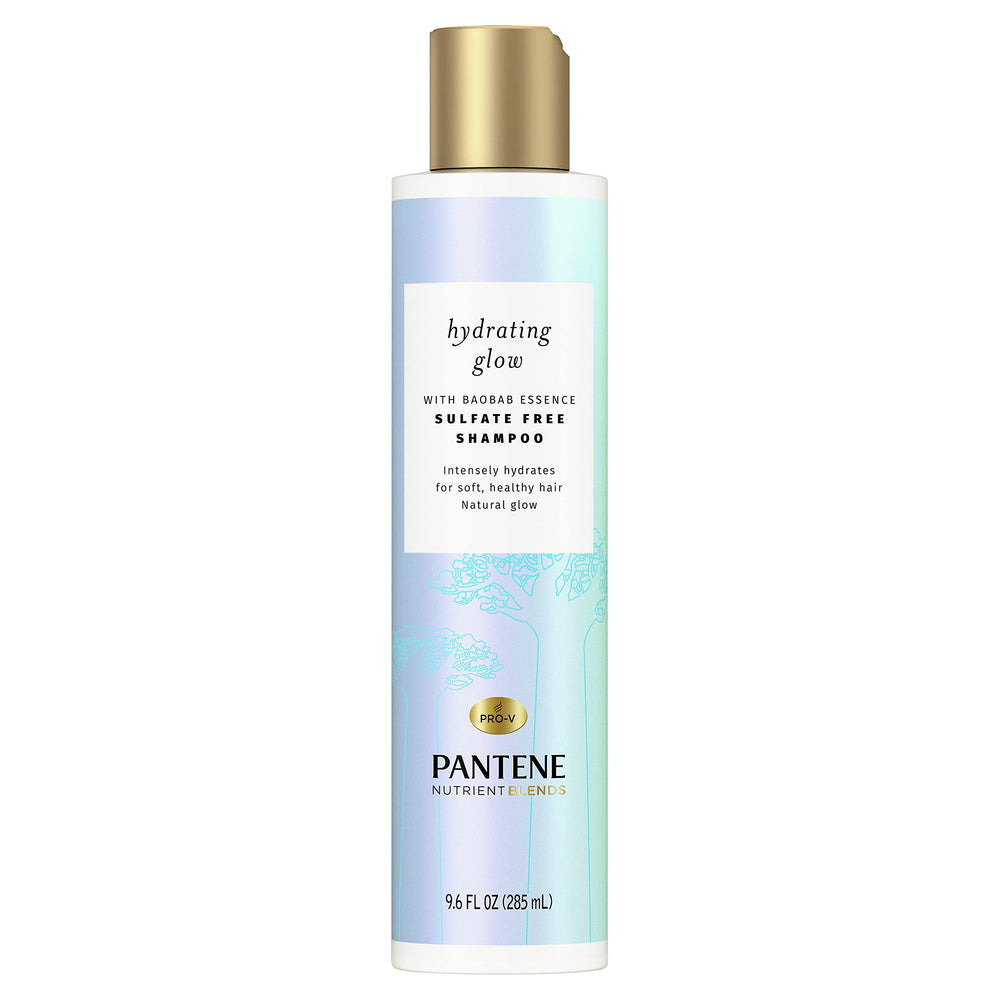 Pantene Hydrating Glow bottle highlights Baobab essence for hydrating shine.