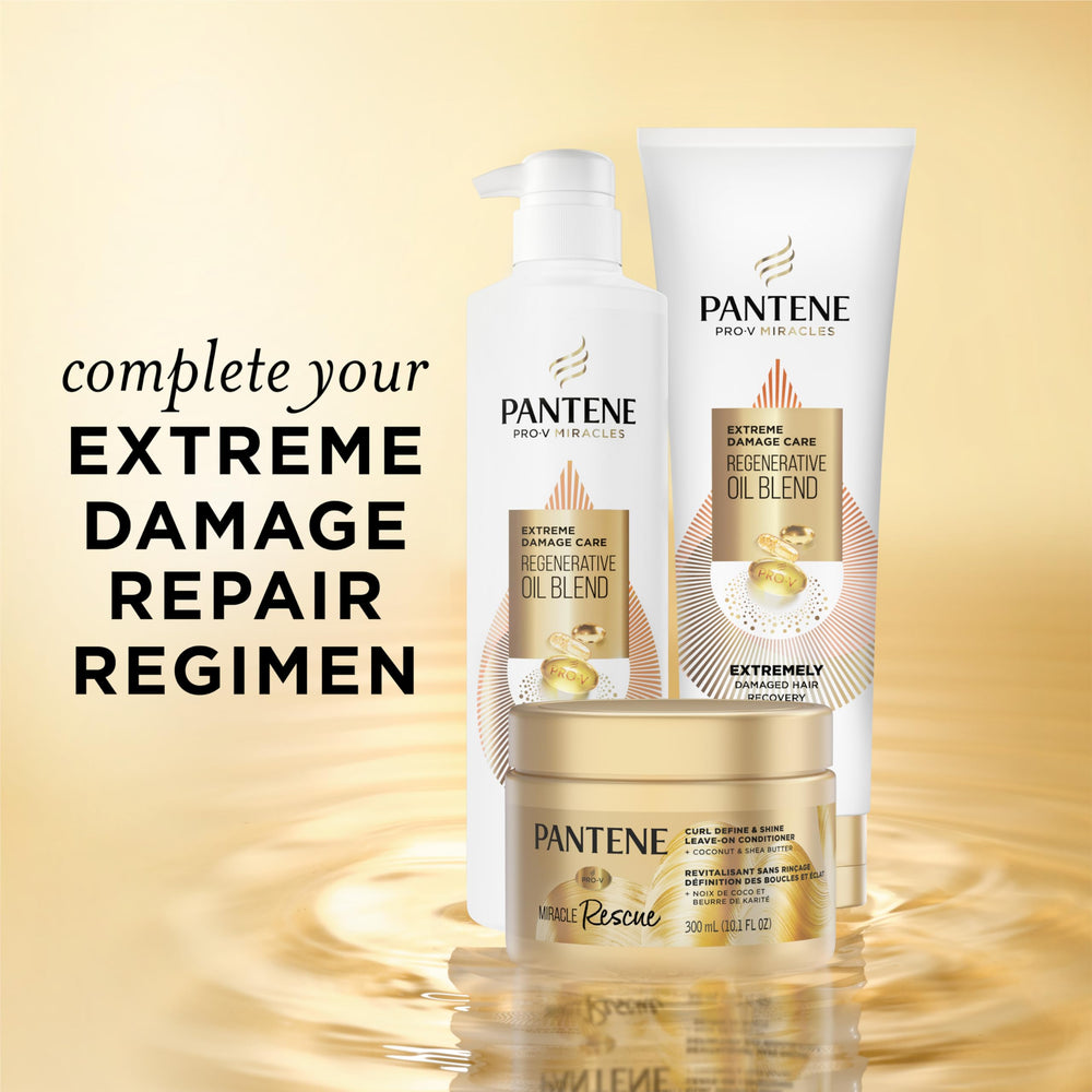 Pantene Miracle Rescue Curl Define & Shine bottle displayed on bathroom shelf.