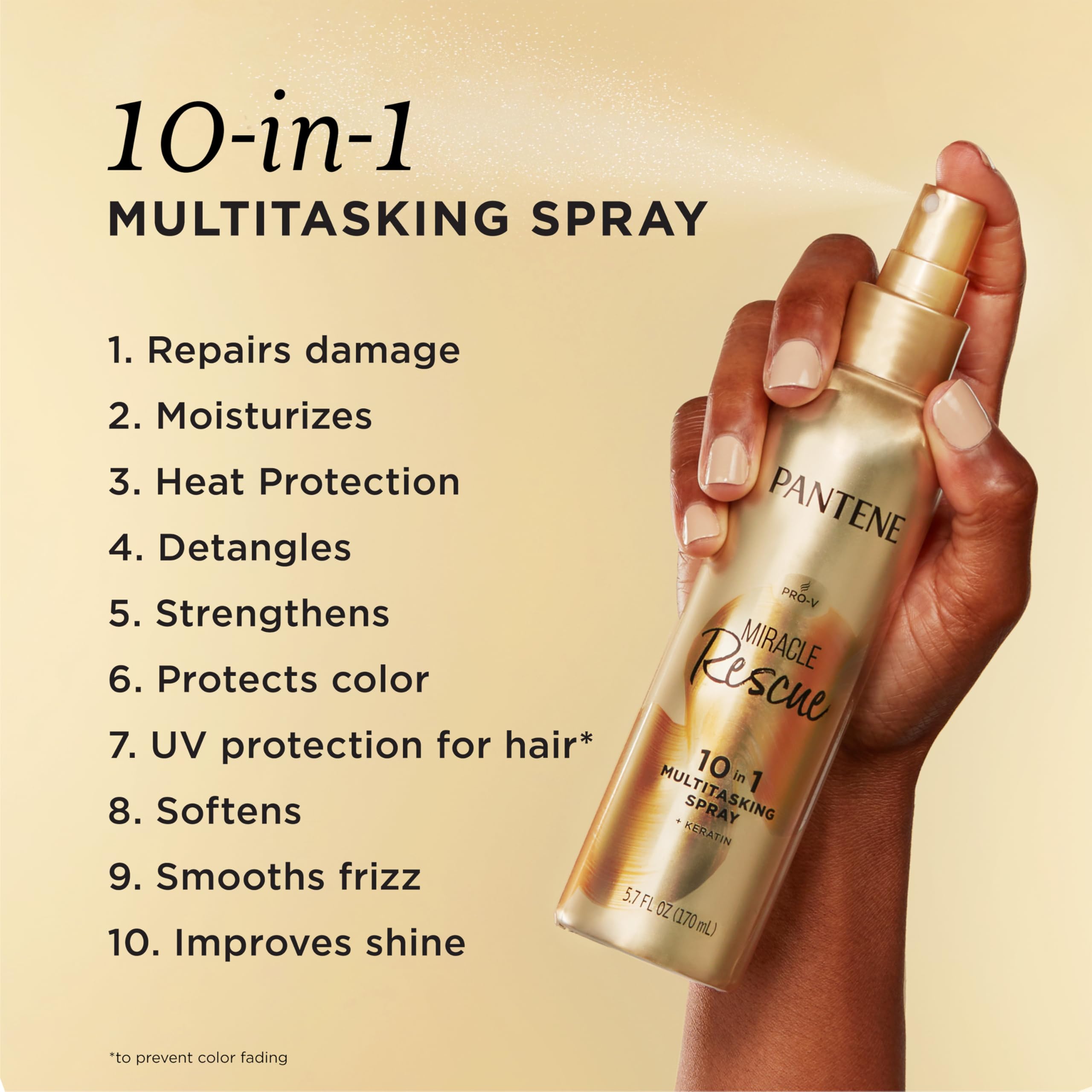 Pantene Miracle Rescue heat protection spray shields hair during styling.