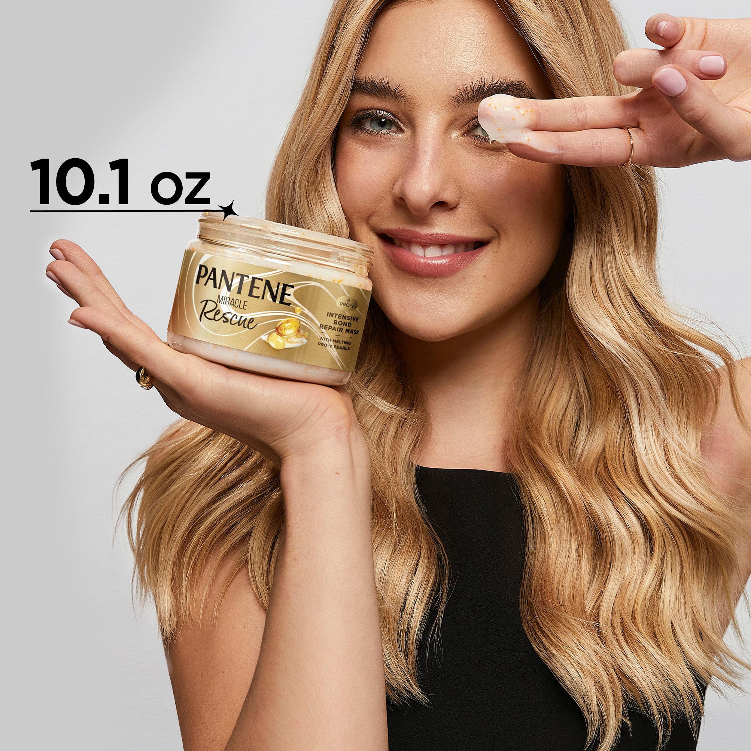 Pantene Miracle Rescue Mask 10-1 oz label on bottle highlighting size.