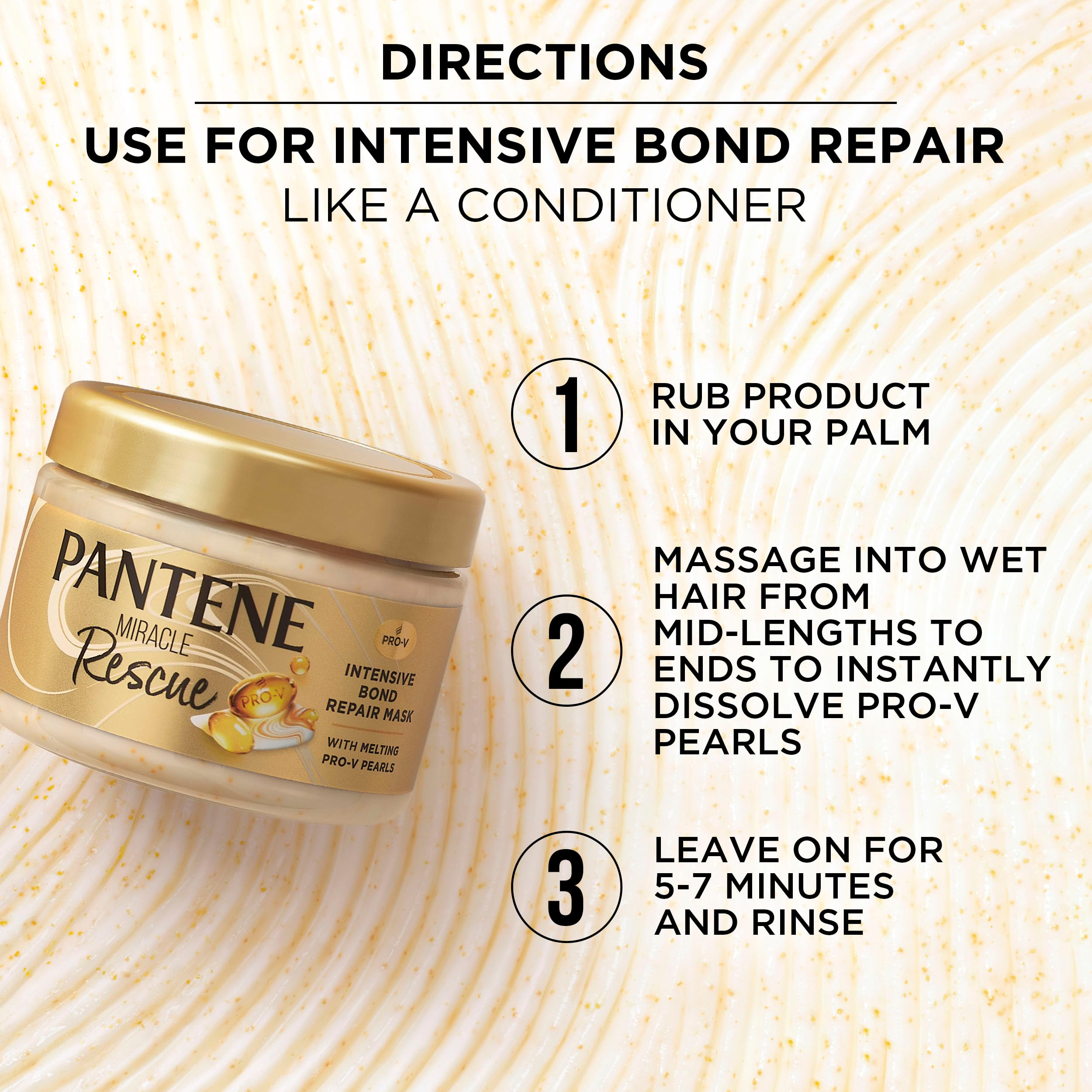 Pantene Miracle Rescue Mask bonds visual emphasizing bond repair potential.
