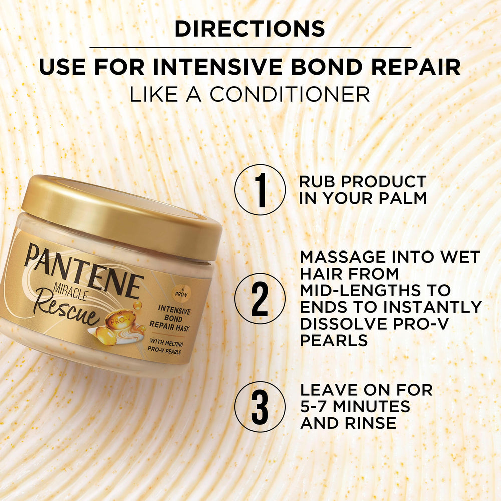 Pantene Miracle Rescue Mask bonds visual emphasizing bond repair potential.