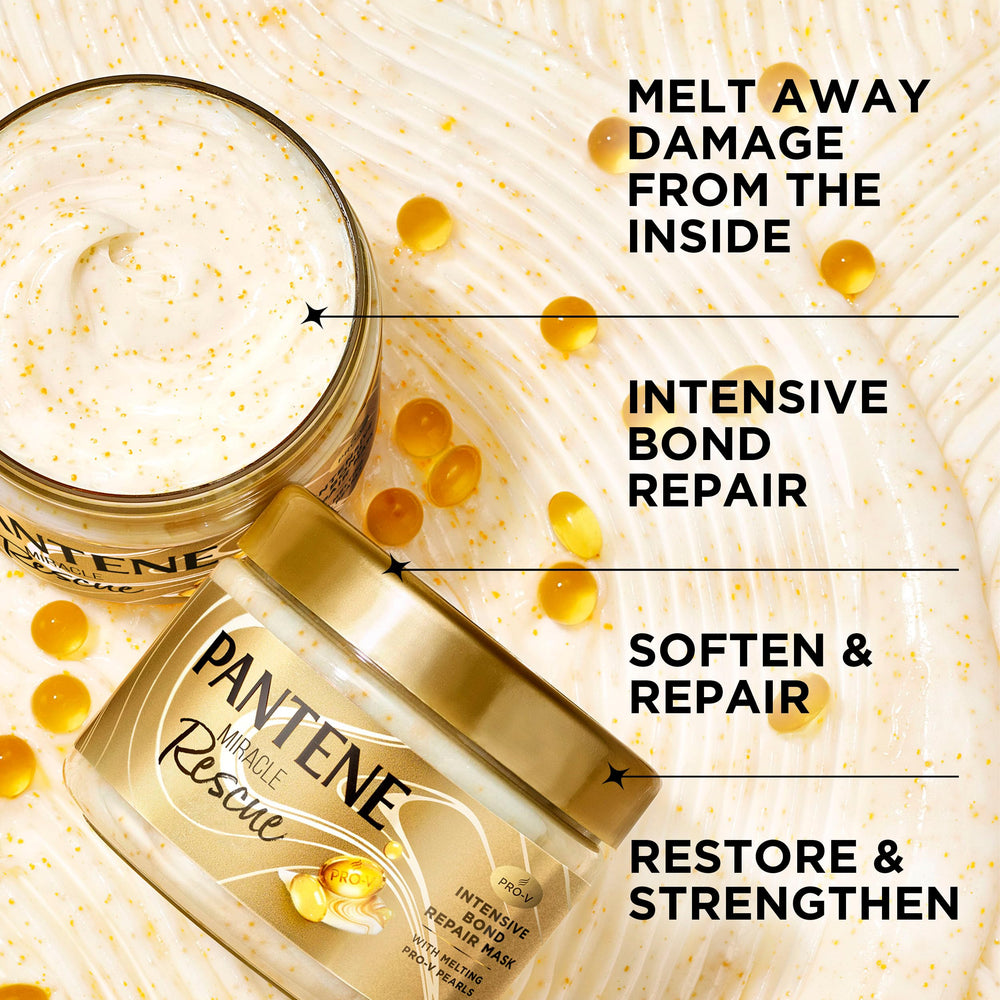 Pantene Miracle Rescue Mask pearls closeup highlighting melting Pro-V Pearls nourishing hair.