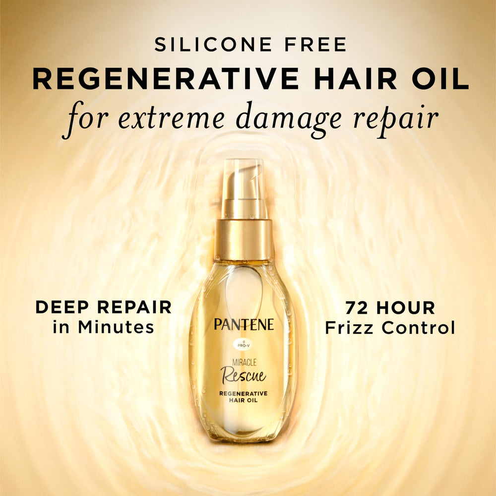 Pantene Miracle Rescue Regenerative Hair Oil application steps image shows smooth, nourished strands.