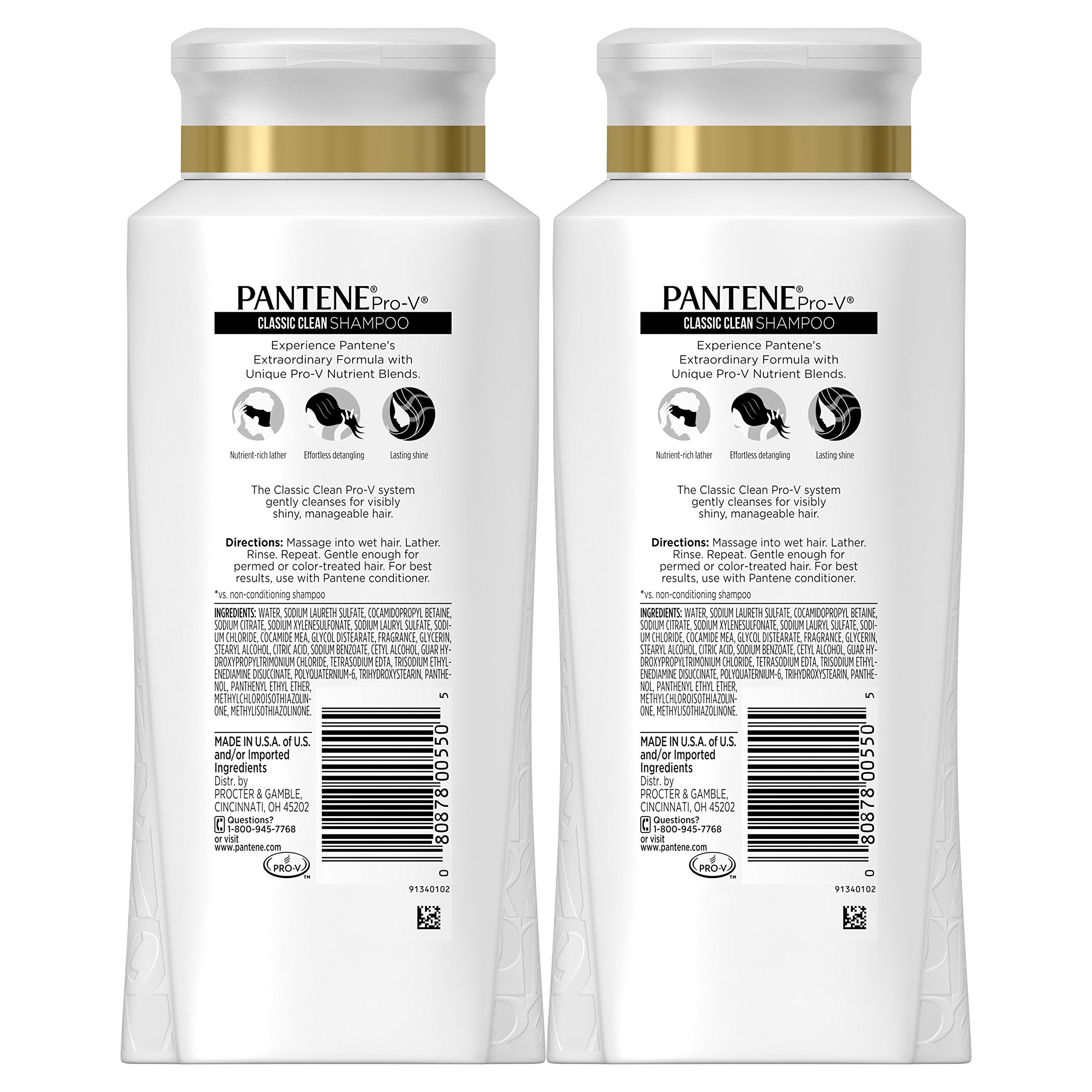 Pantene Pro-V Classic Clean Shampoo bottle back label, antioxidants for stronger-looking hair