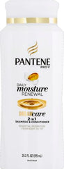 Pantene Pro-V Daily Moisture Renewal 2 in 1 bottle on shelf emphasizes all-day moisture.